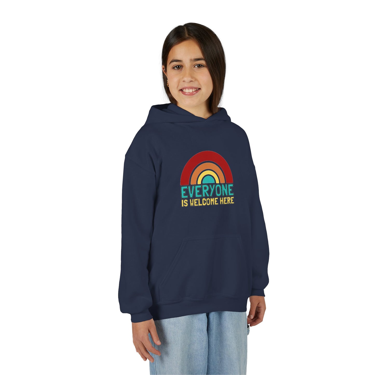 Youth Hooded Sweatshirt - Everyone is Welcome Here, Rainbow Sweatshirt, Cozy Pullover, Inclusive Gift, Kids Hoodie, LGBTQ+ Apparel