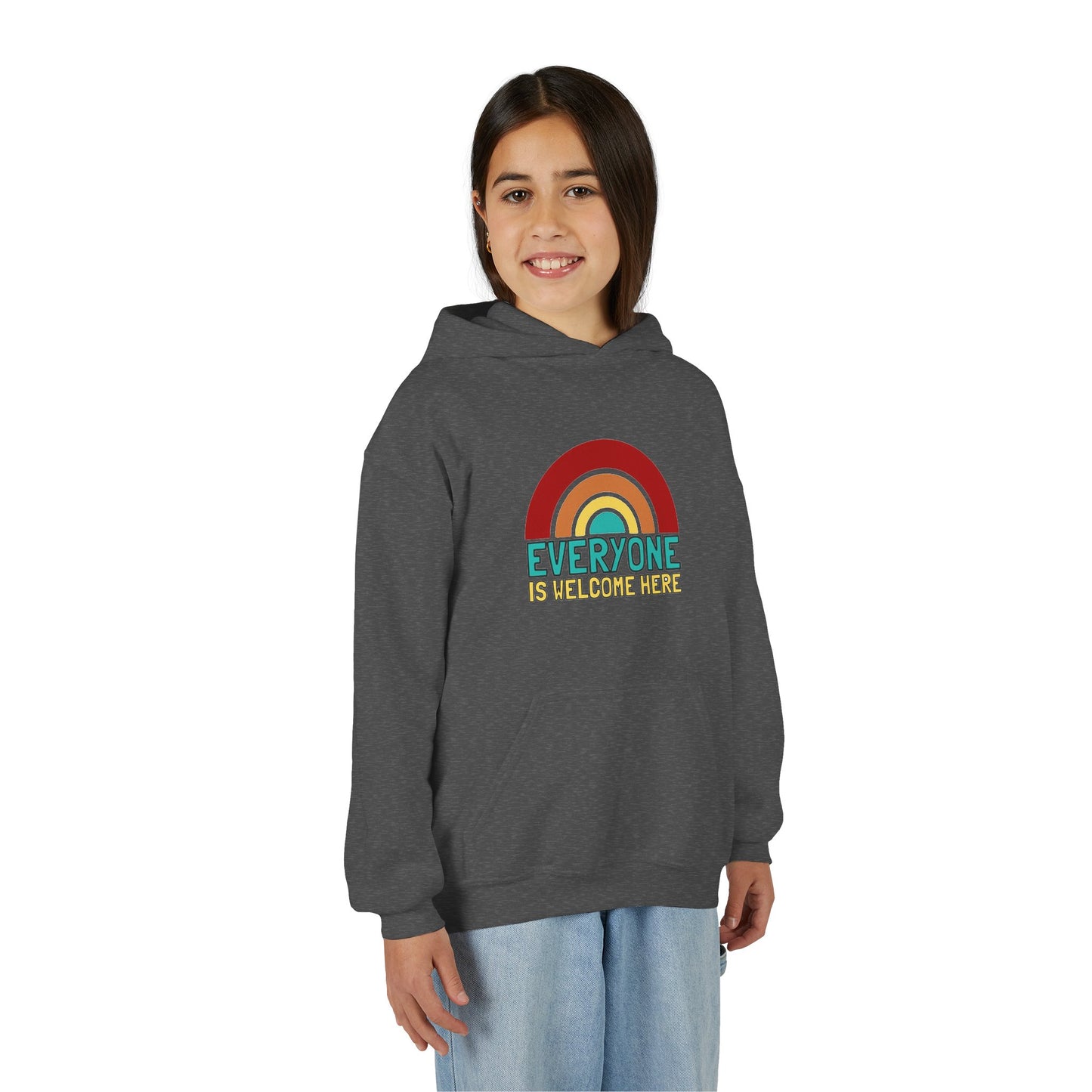 Youth Hooded Sweatshirt - Everyone is Welcome Here, Rainbow Sweatshirt, Cozy Pullover, Inclusive Gift, Kids Hoodie, LGBTQ+ Apparel