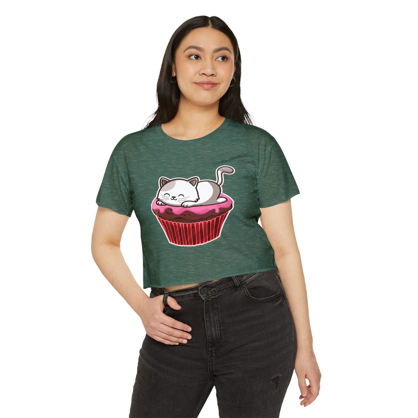Cute Cat Cupcake Festival Crop Top, Women's Summer Shirt, Gift for Cat Lovers, Fun Party Outfit, Casual Wear