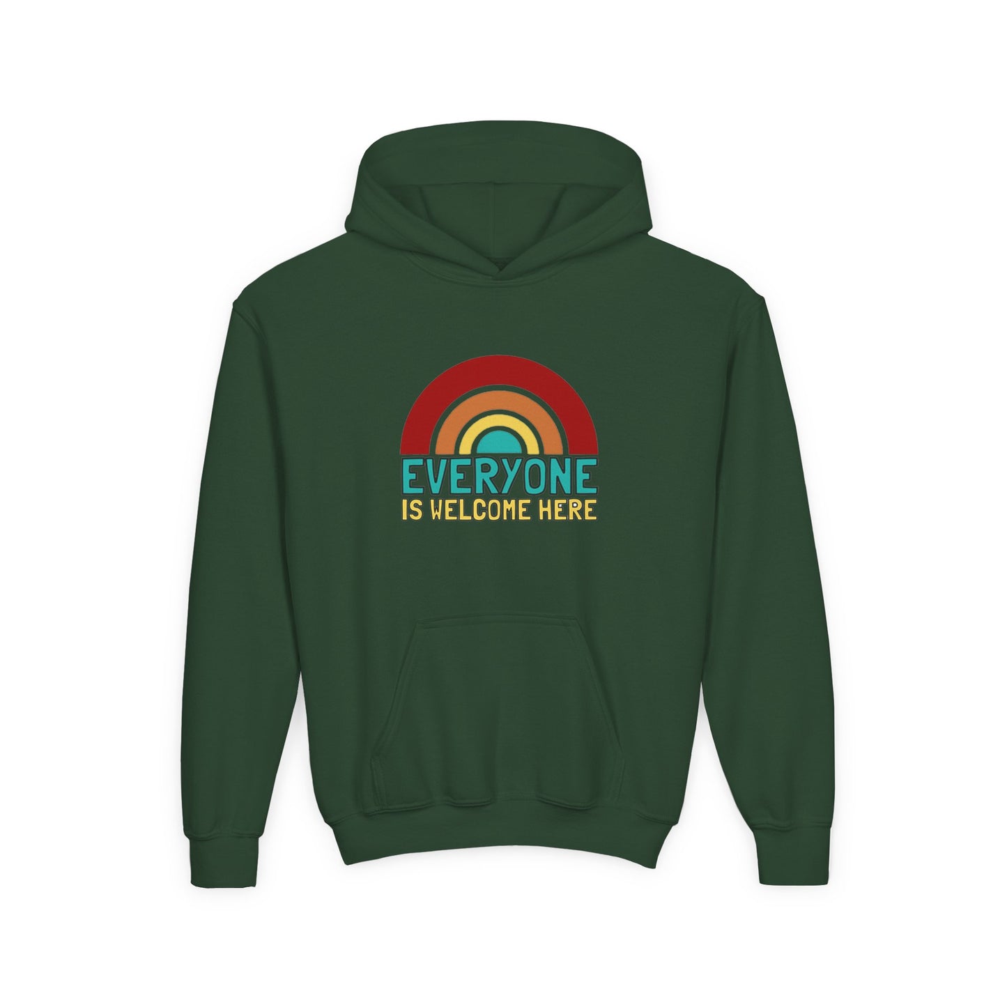 Youth Hooded Sweatshirt - Everyone is Welcome Here, Rainbow Sweatshirt, Cozy Pullover, Inclusive Gift, Kids Hoodie, LGBTQ+ Apparel