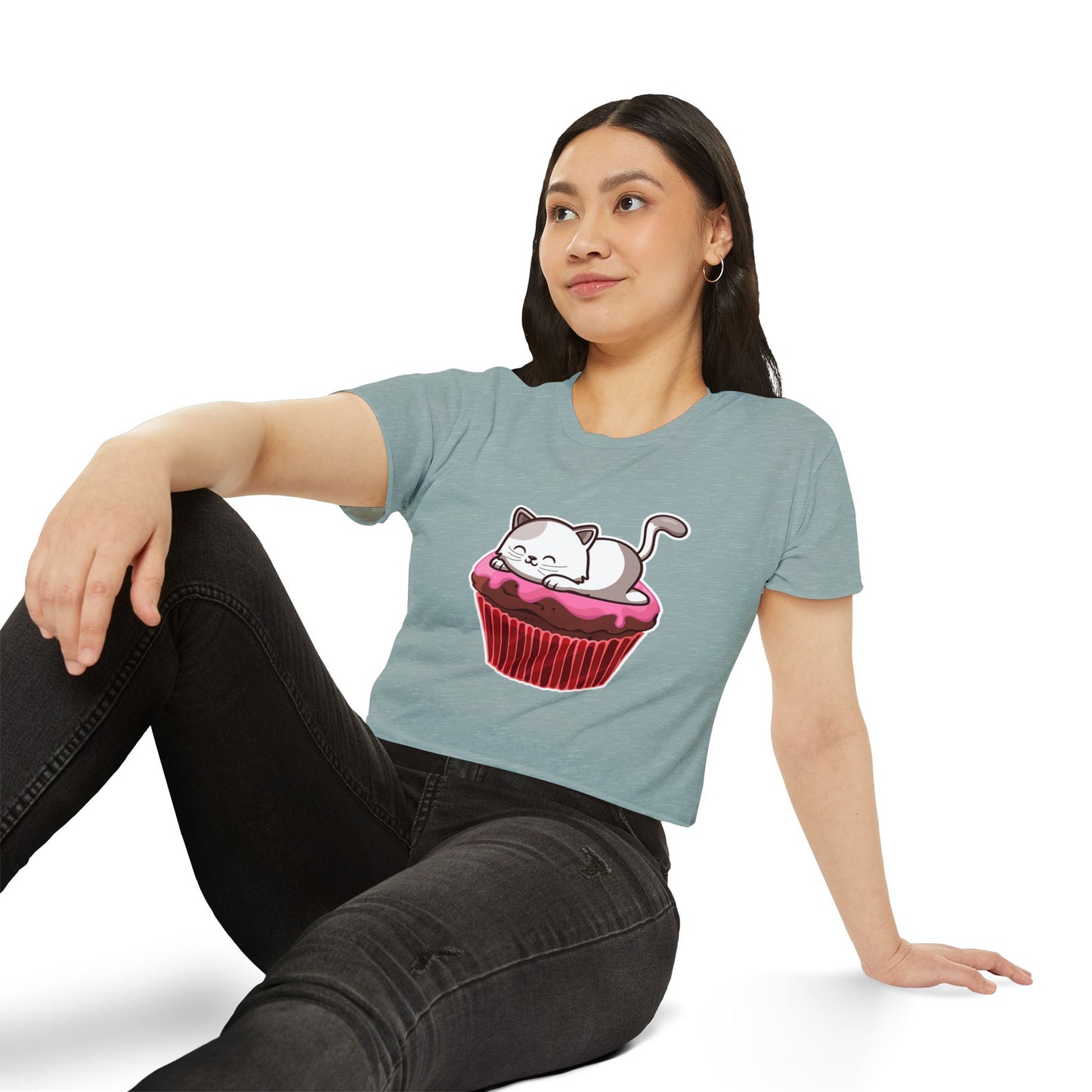 Cute Cat Cupcake Festival Crop Top, Women's Summer Shirt, Gift for Cat Lovers, Fun Party Outfit, Casual Wear