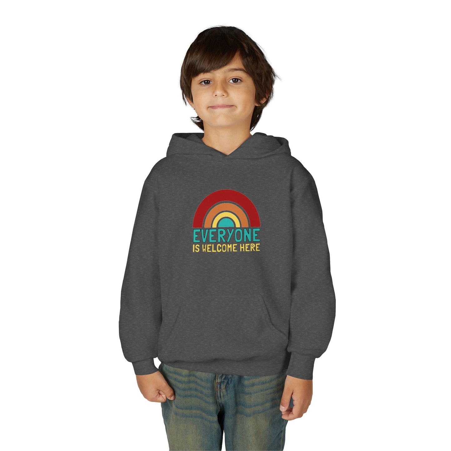 Youth Hooded Sweatshirt - Everyone is Welcome Here, Rainbow Sweatshirt, Cozy Pullover, Inclusive Gift, Kids Hoodie, LGBTQ+ Apparel