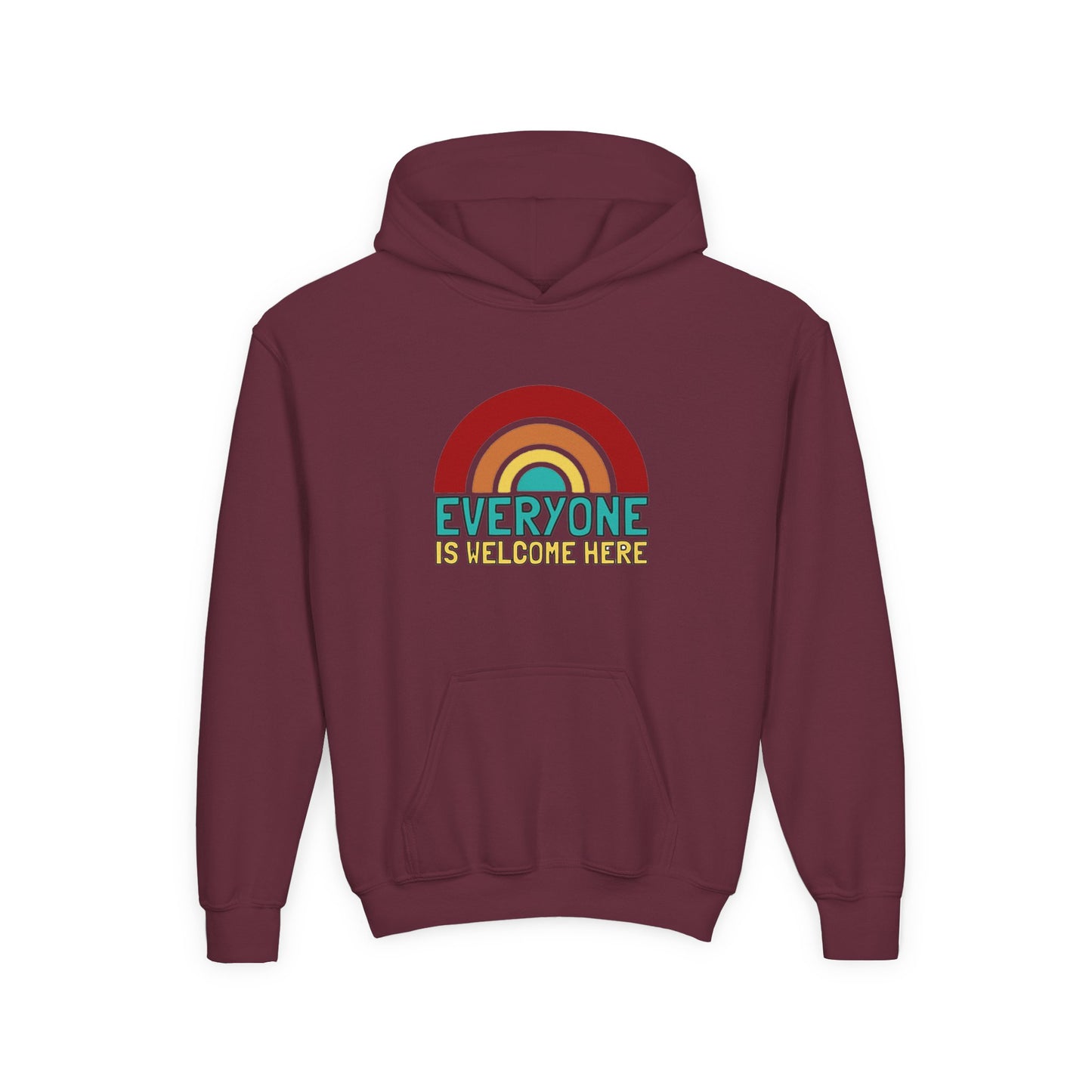 Youth Hooded Sweatshirt - Everyone is Welcome Here, Rainbow Sweatshirt, Cozy Pullover, Inclusive Gift, Kids Hoodie, LGBTQ+ Apparel