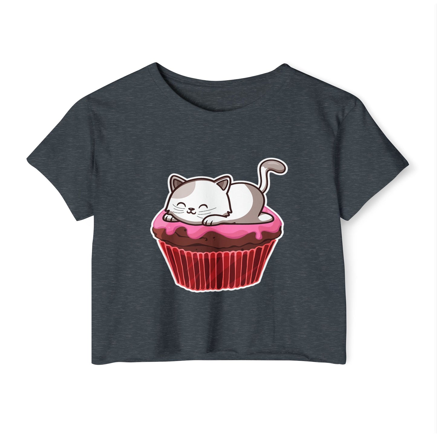 Cute Cat Cupcake Festival Crop Top, Women's Summer Shirt, Gift for Cat Lovers, Fun Party Outfit, Casual Wear