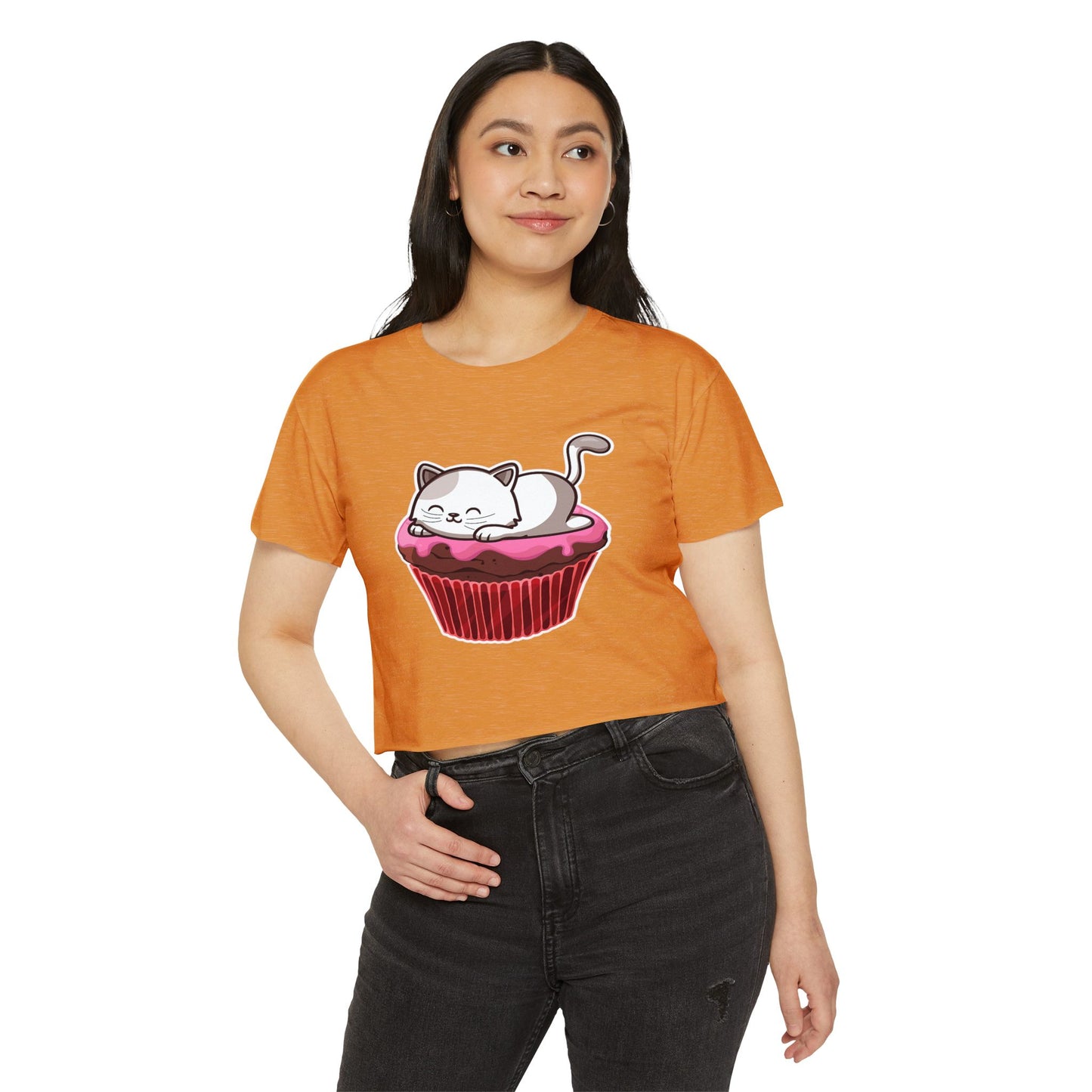 Cute Cat Cupcake Festival Crop Top, Women's Summer Shirt, Gift for Cat Lovers, Fun Party Outfit, Casual Wear