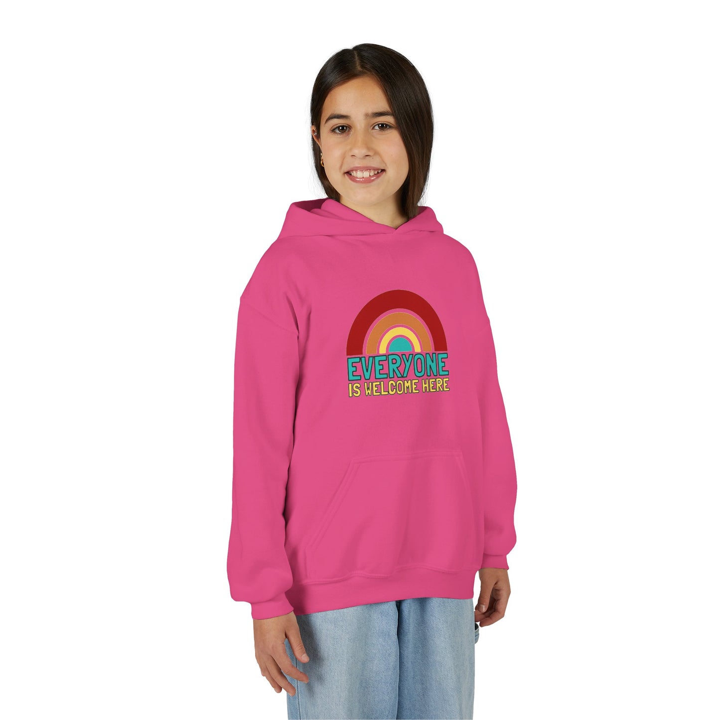 Youth Hooded Sweatshirt - Everyone is Welcome Here, Rainbow Sweatshirt, Cozy Pullover, Inclusive Gift, Kids Hoodie, LGBTQ+ Apparel