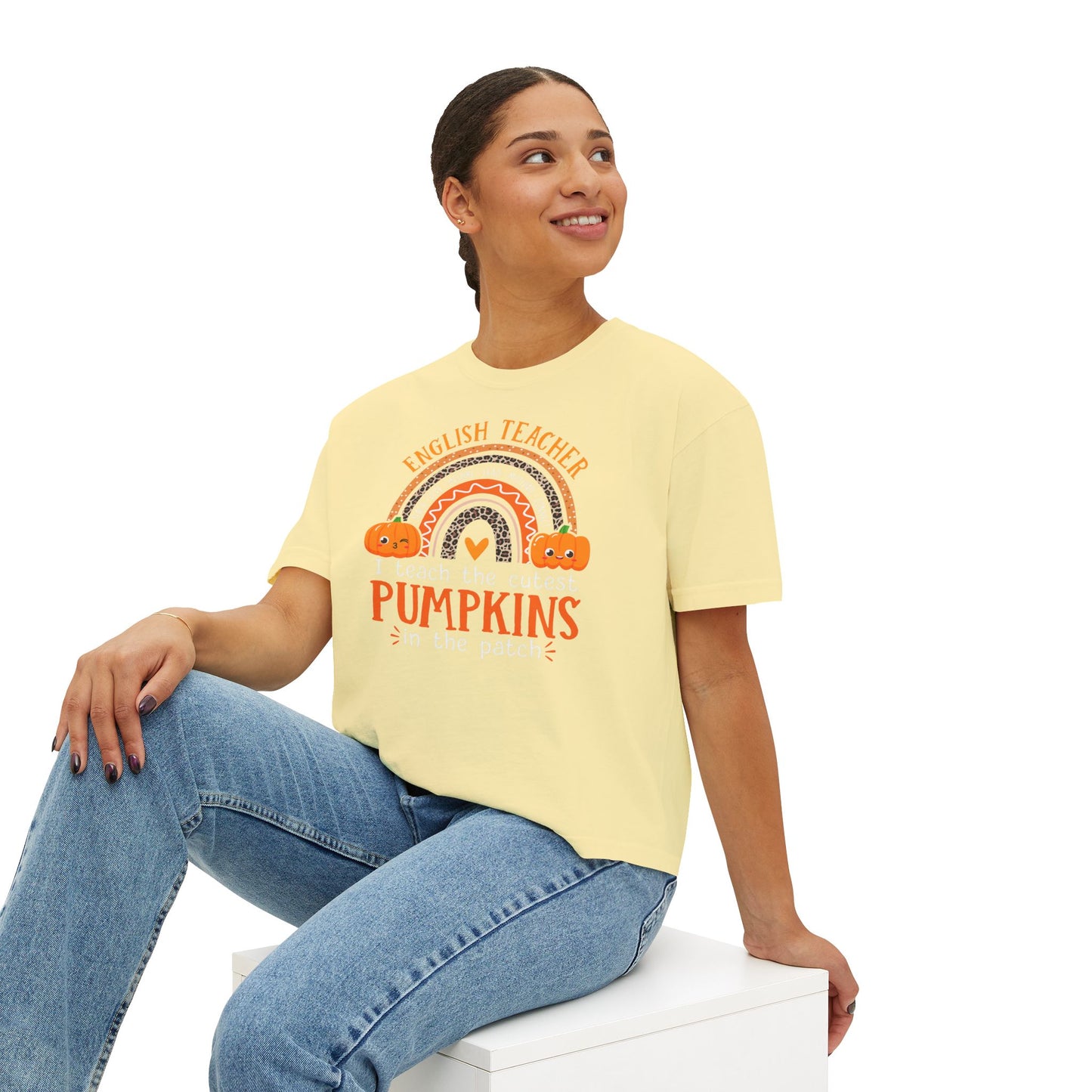 Fall Pumpkin English Teacher Boxy Tee, Cute Teacher Shirt, Autumn Apparel, Funny Teacher Gift, Halloween Shirt, Gift for Teachers