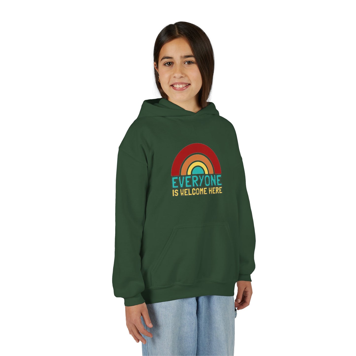Youth Hooded Sweatshirt - Everyone is Welcome Here, Rainbow Sweatshirt, Cozy Pullover, Inclusive Gift, Kids Hoodie, LGBTQ+ Apparel
