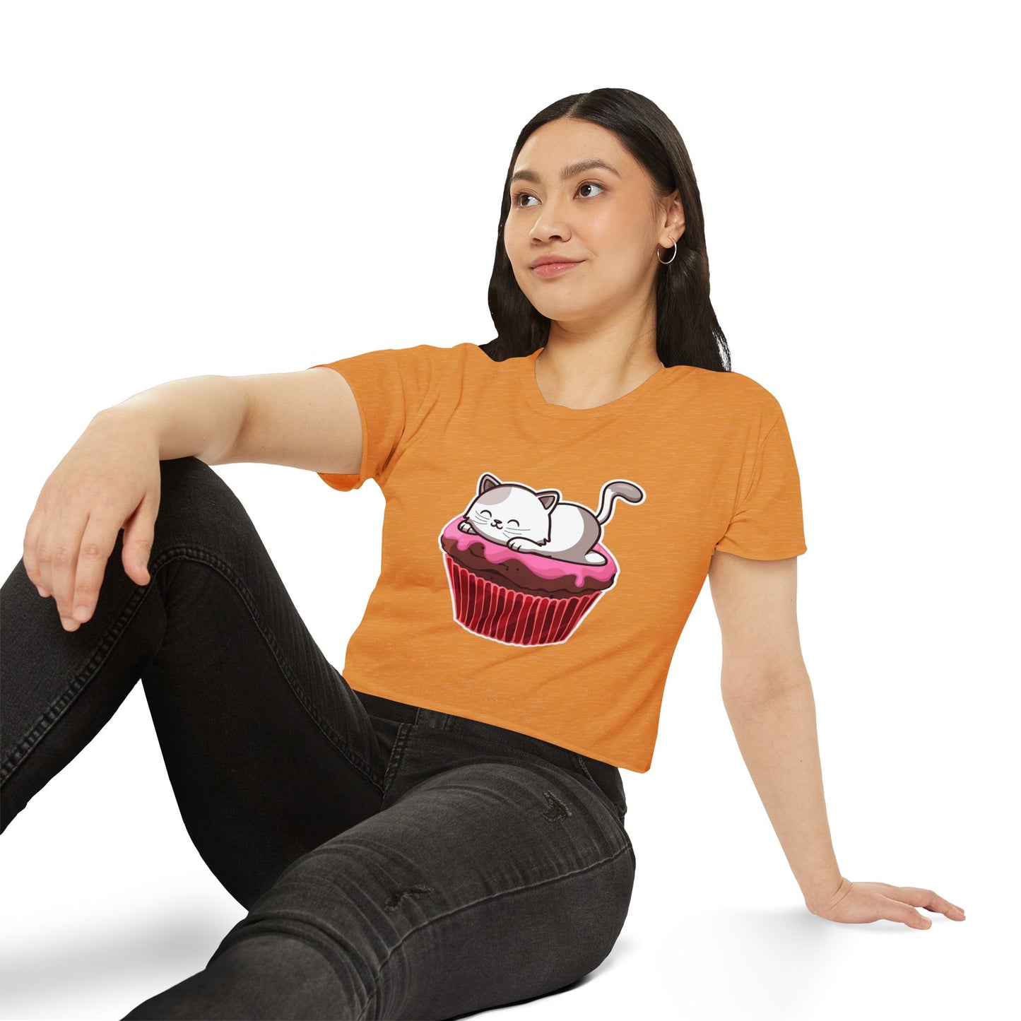 Cute Cat Cupcake Festival Crop Top, Women's Summer Shirt, Gift for Cat Lovers, Fun Party Outfit, Casual Wear
