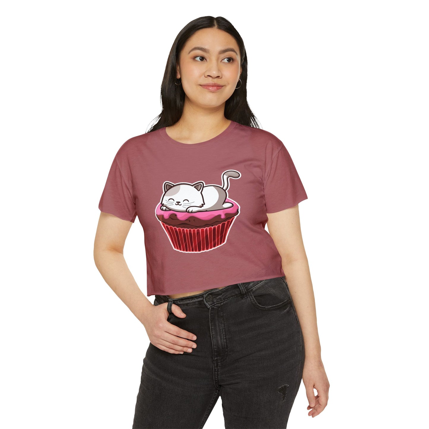 Cute Cat Cupcake Festival Crop Top, Women's Summer Shirt, Gift for Cat Lovers, Fun Party Outfit, Casual Wear