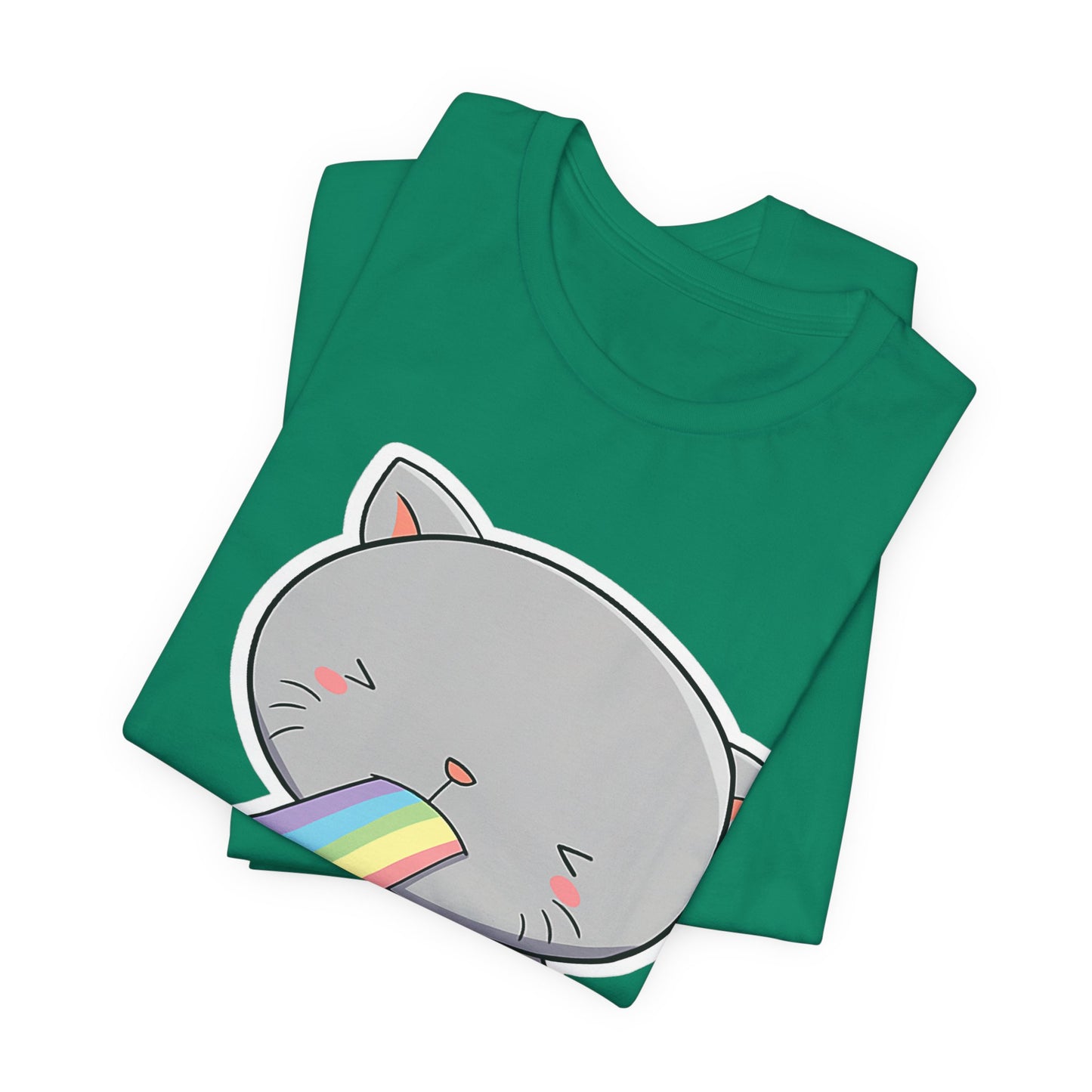 Cute Cat Rainbow Short Sleeve Tee, Fun Pet Lover Shirt, Gift for Cat Owners, Whimsical Top, Perfect for Casual Outfits