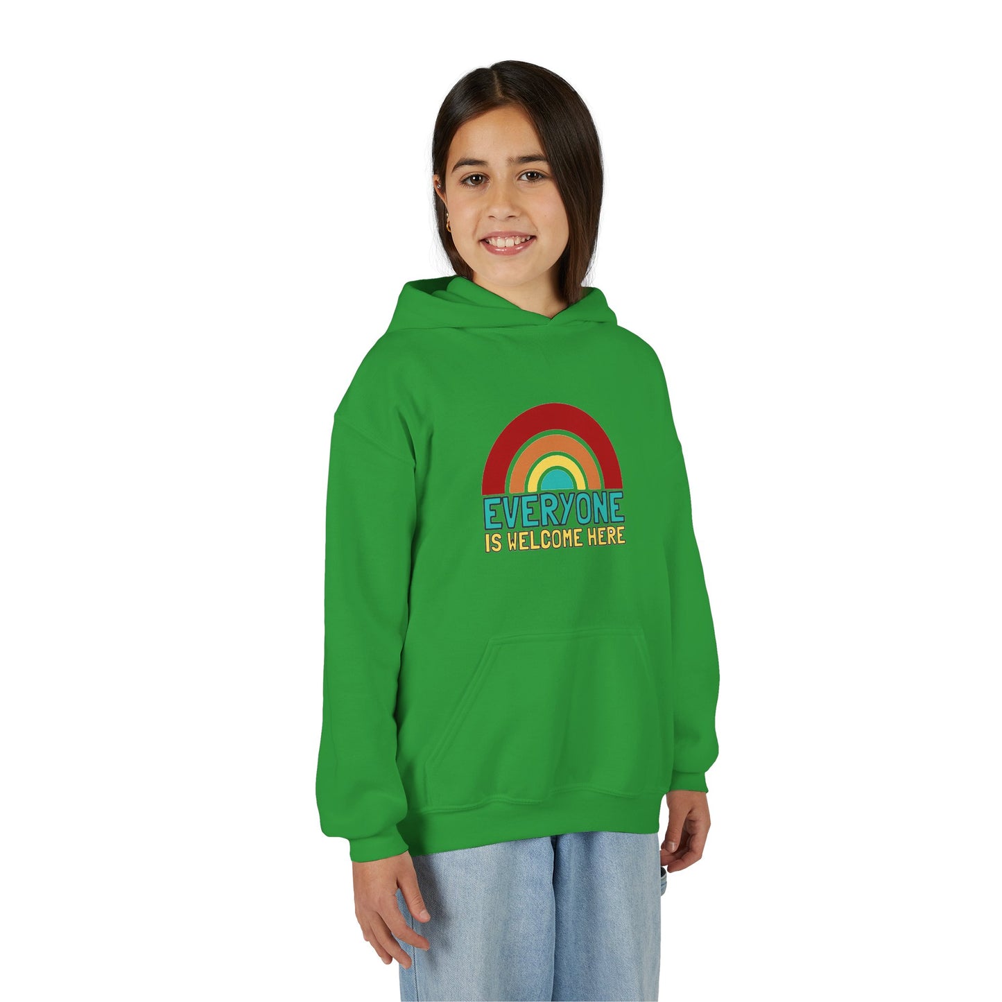 Youth Hooded Sweatshirt - Everyone is Welcome Here, Rainbow Sweatshirt, Cozy Pullover, Inclusive Gift, Kids Hoodie, LGBTQ+ Apparel