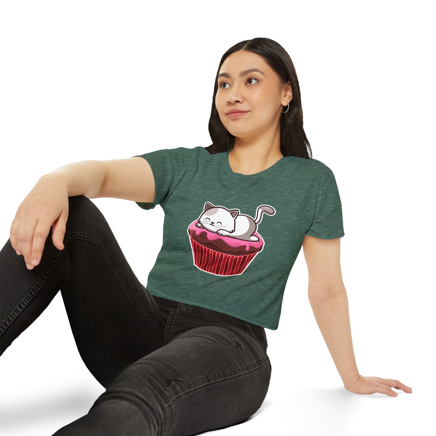 Cute Cat Cupcake Festival Crop Top, Women's Summer Shirt, Gift for Cat Lovers, Fun Party Outfit, Casual Wear