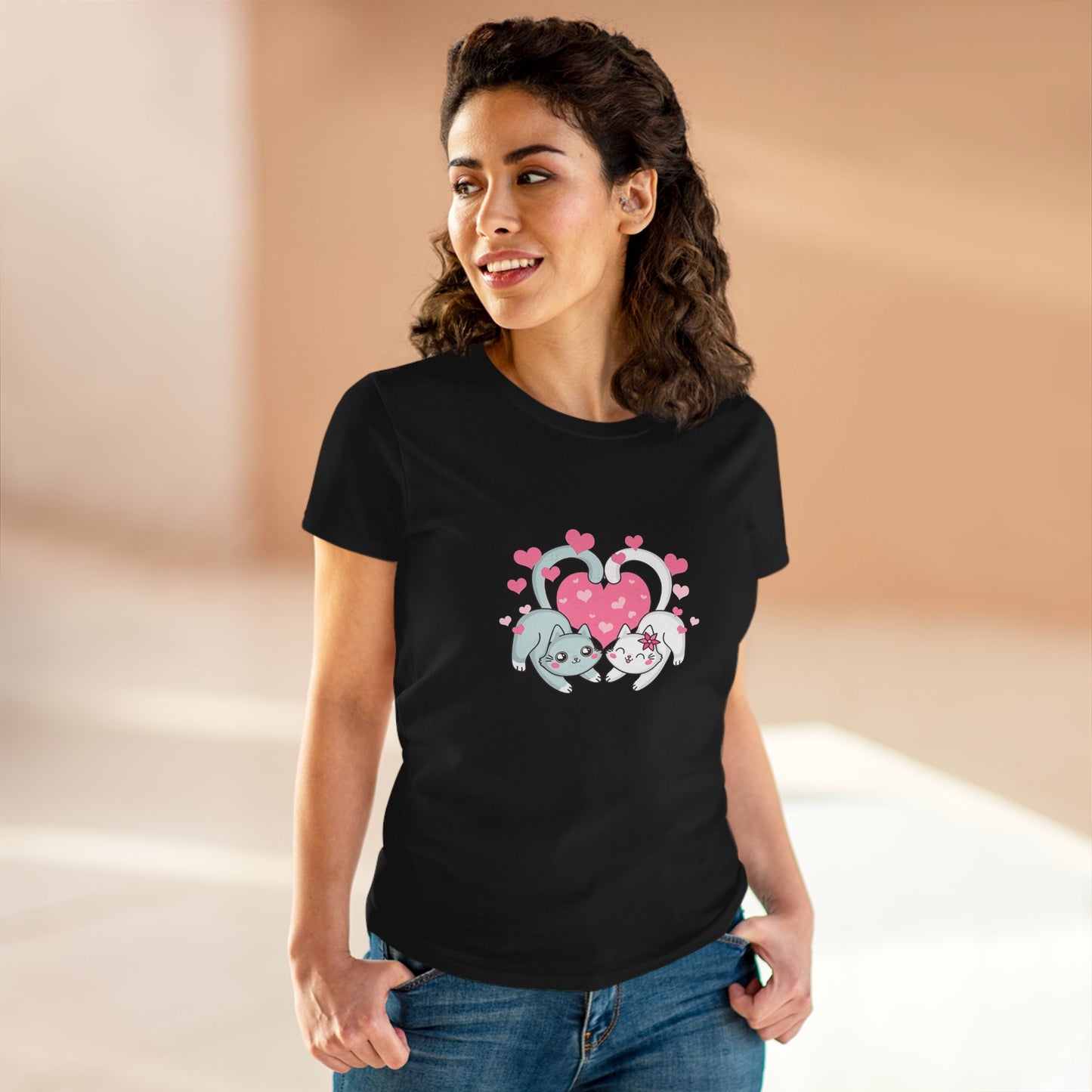 Cute Cat Love Tee for Pet Lovers, Valentine's Day Gift, Women's Casual Cotton T-Shirt, Cat Lover Shirt, Unique Pet Gift