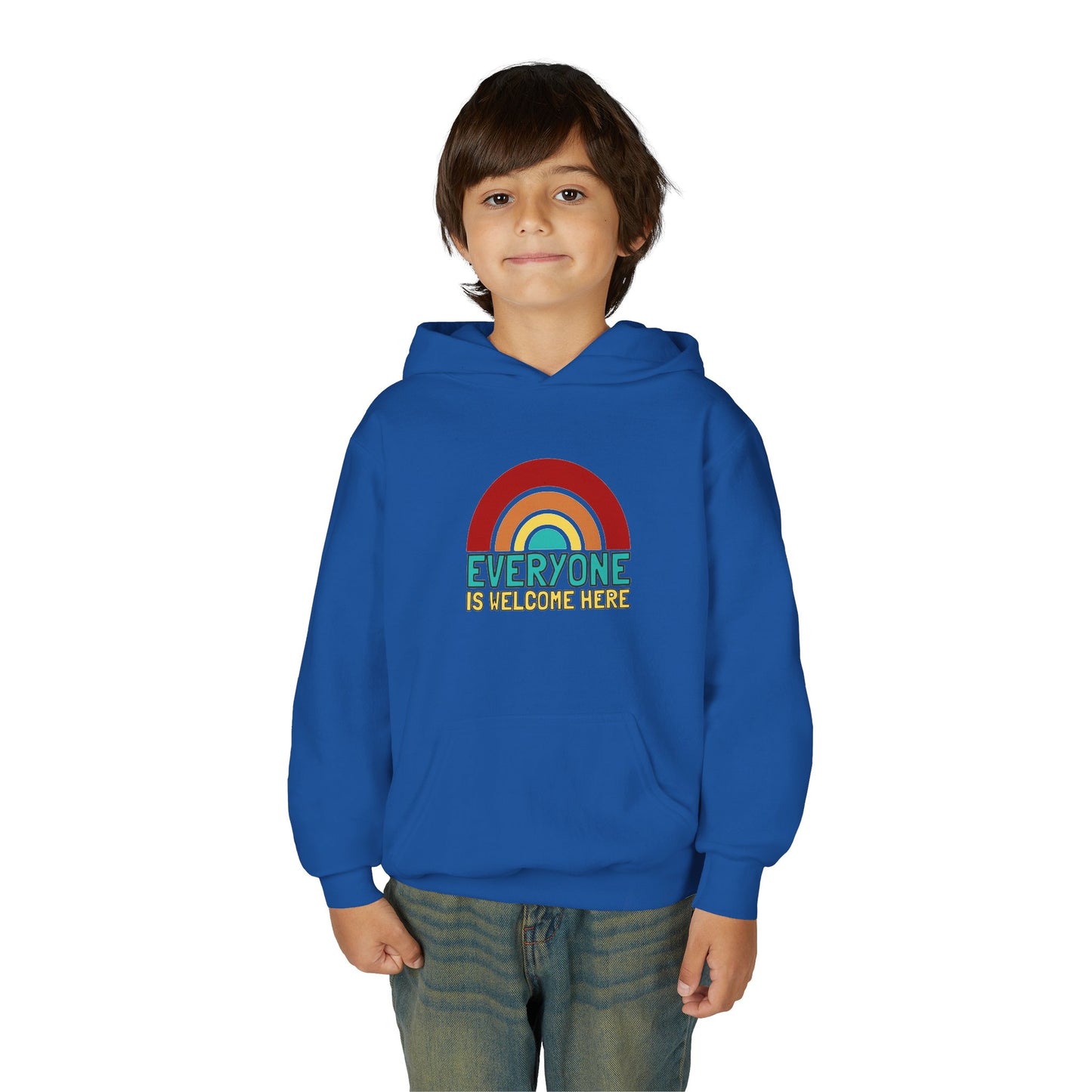 Youth Hooded Sweatshirt - Everyone is Welcome Here, Rainbow Sweatshirt, Cozy Pullover, Inclusive Gift, Kids Hoodie, LGBTQ+ Apparel