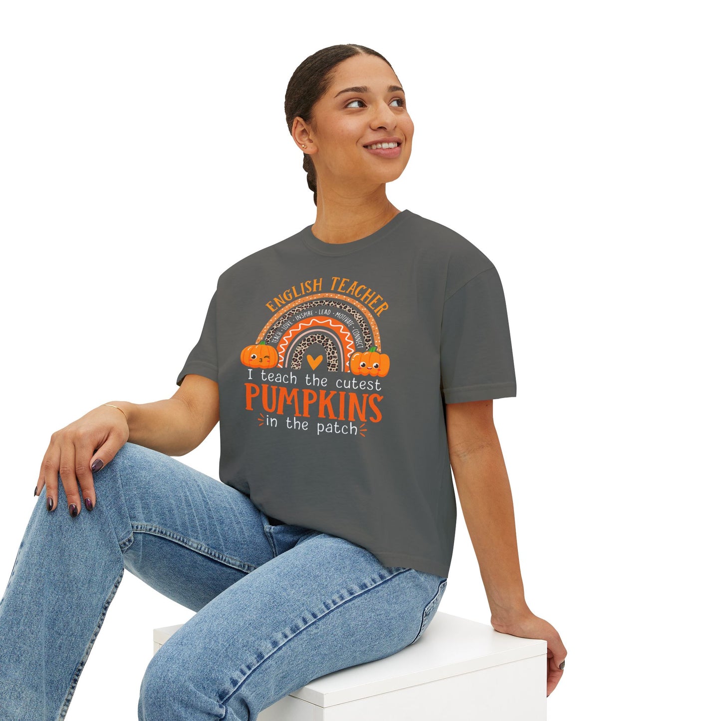 Fall Pumpkin English Teacher Boxy Tee, Cute Teacher Shirt, Autumn Apparel, Funny Teacher Gift, Halloween Shirt, Gift for Teachers