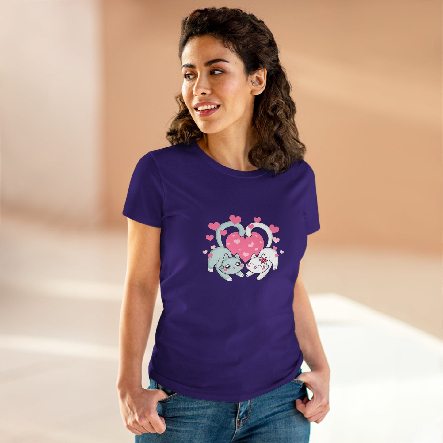 Cute Cat Love Tee for Pet Lovers, Valentine's Day Gift, Women's Casual Cotton T-Shirt, Cat Lover Shirt, Unique Pet Gift