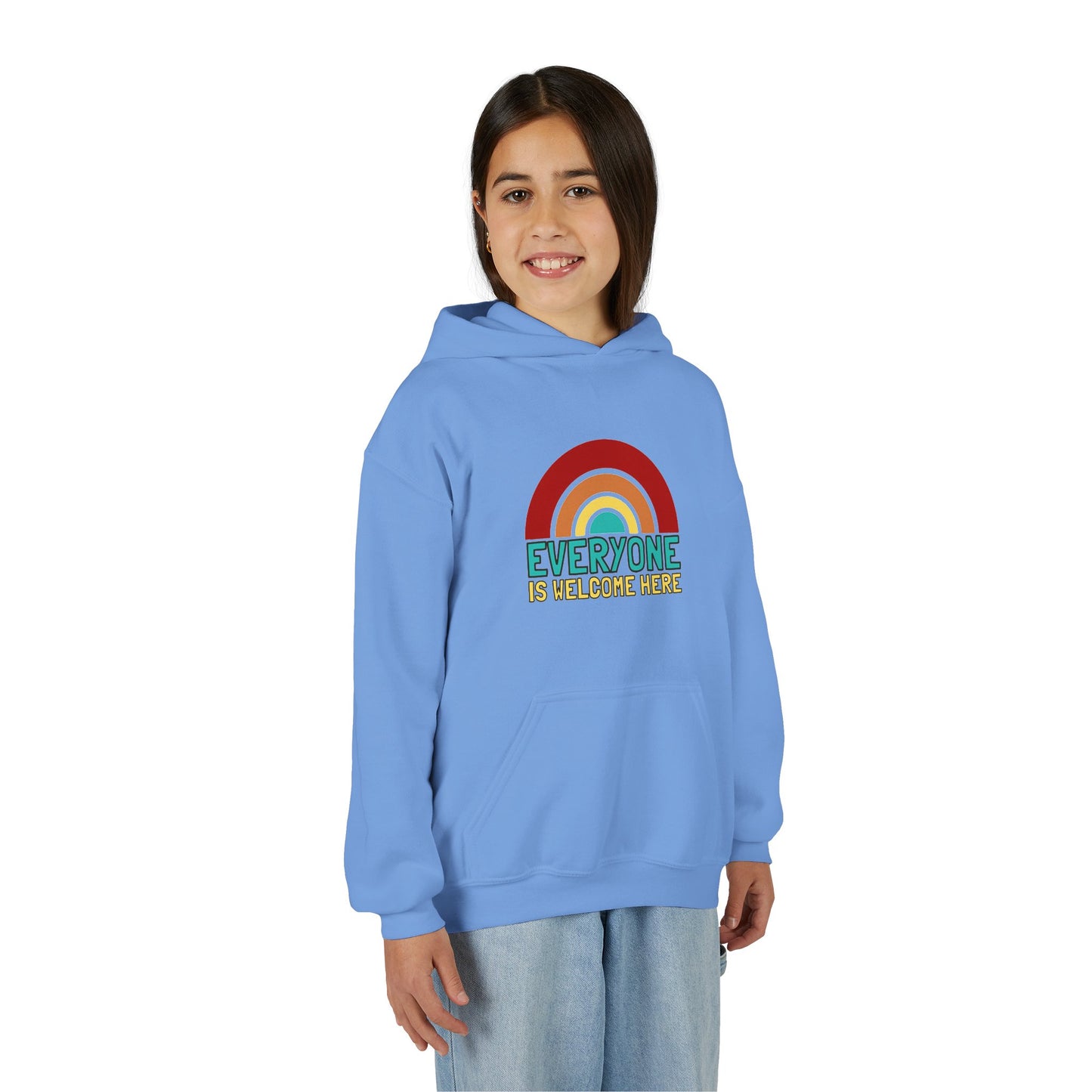 Youth Hooded Sweatshirt - Everyone is Welcome Here, Rainbow Sweatshirt, Cozy Pullover, Inclusive Gift, Kids Hoodie, LGBTQ+ Apparel