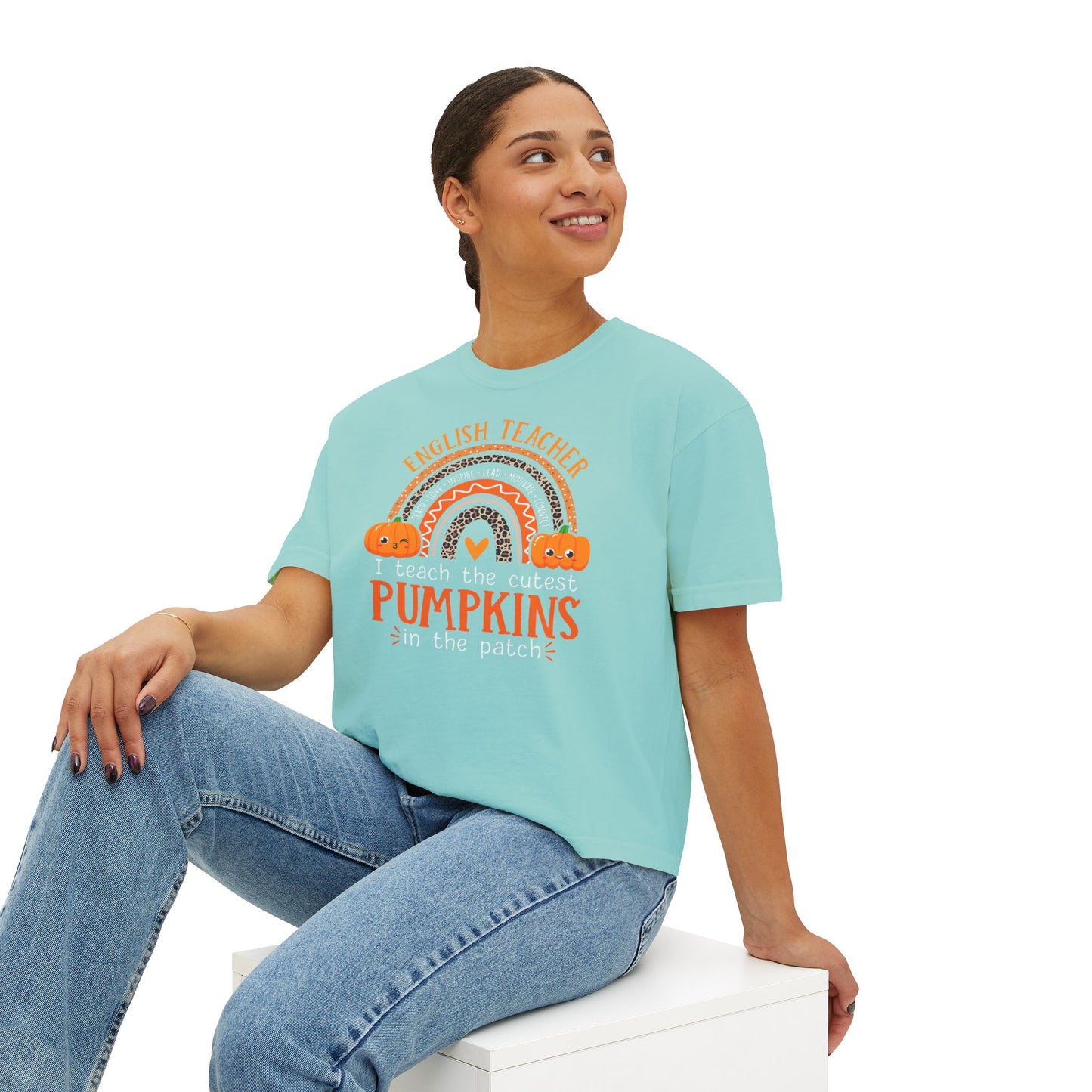 Fall Pumpkin English Teacher Boxy Tee, Cute Teacher Shirt, Autumn Apparel, Funny Teacher Gift, Halloween Shirt, Gift for Teachers