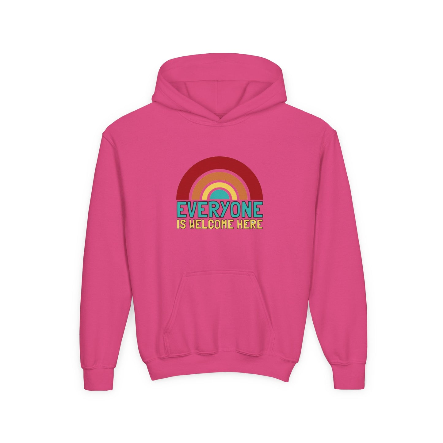 Youth Hooded Sweatshirt - Everyone is Welcome Here, Rainbow Sweatshirt, Cozy Pullover, Inclusive Gift, Kids Hoodie, LGBTQ+ Apparel