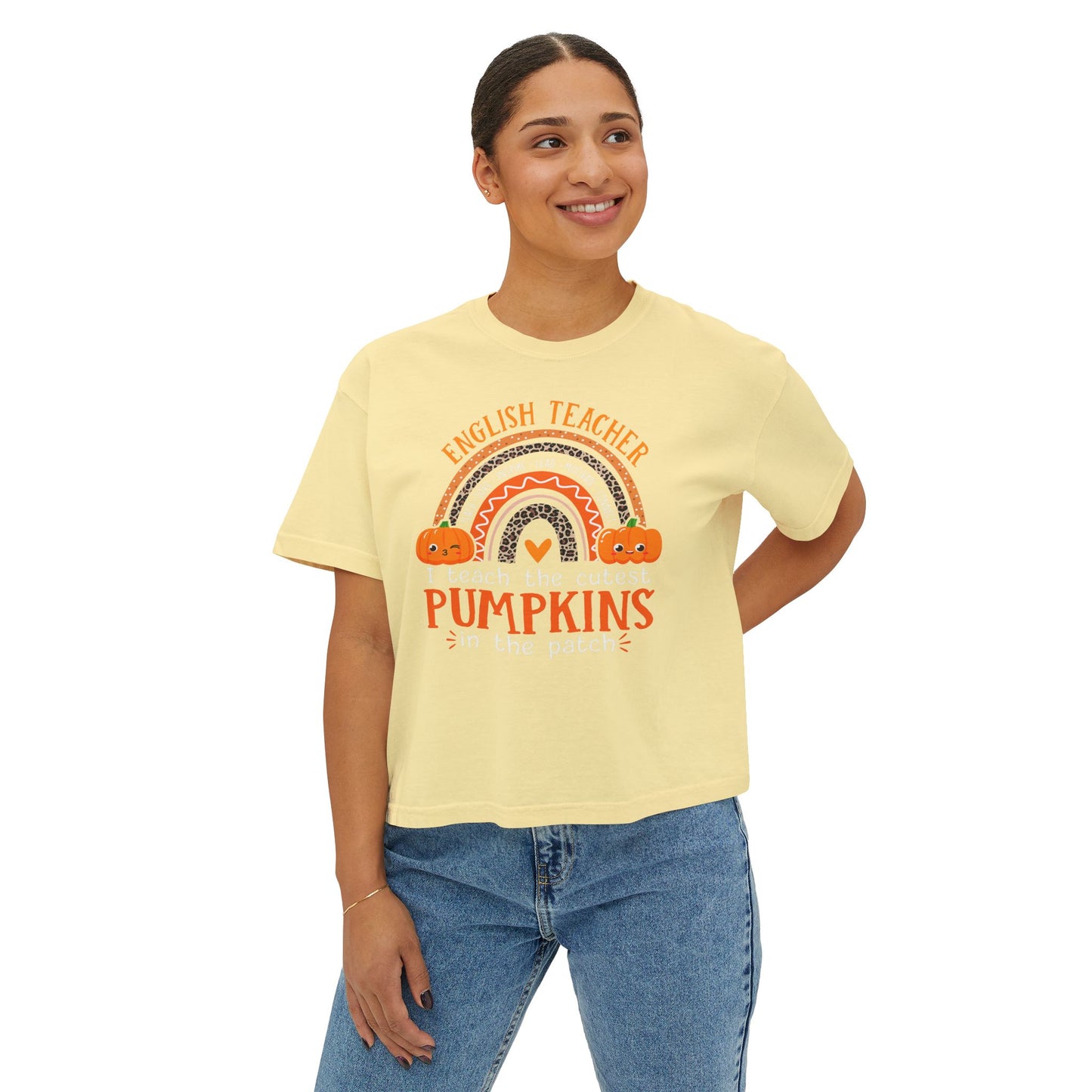 Fall Pumpkin English Teacher Boxy Tee, Cute Teacher Shirt, Autumn Apparel, Funny Teacher Gift, Halloween Shirt, Gift for Teachers