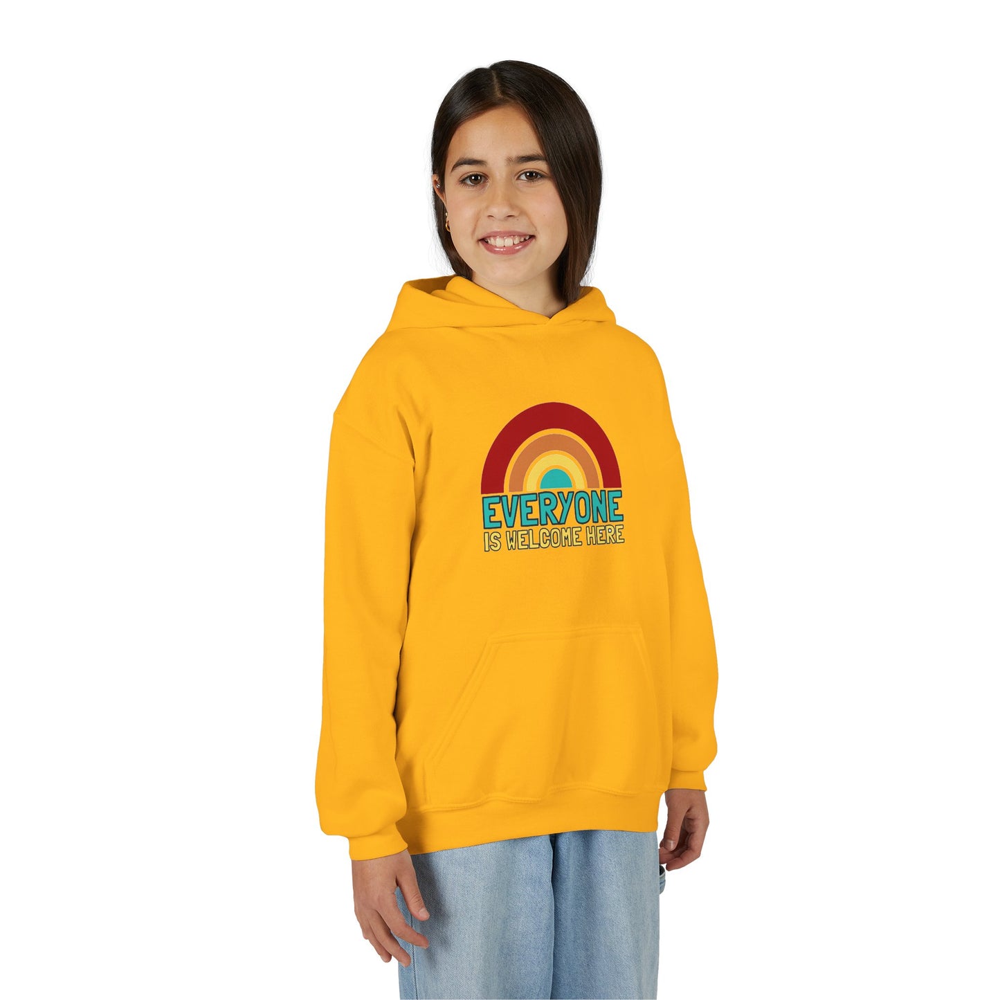 Youth Hooded Sweatshirt - Everyone is Welcome Here, Rainbow Sweatshirt, Cozy Pullover, Inclusive Gift, Kids Hoodie, LGBTQ+ Apparel