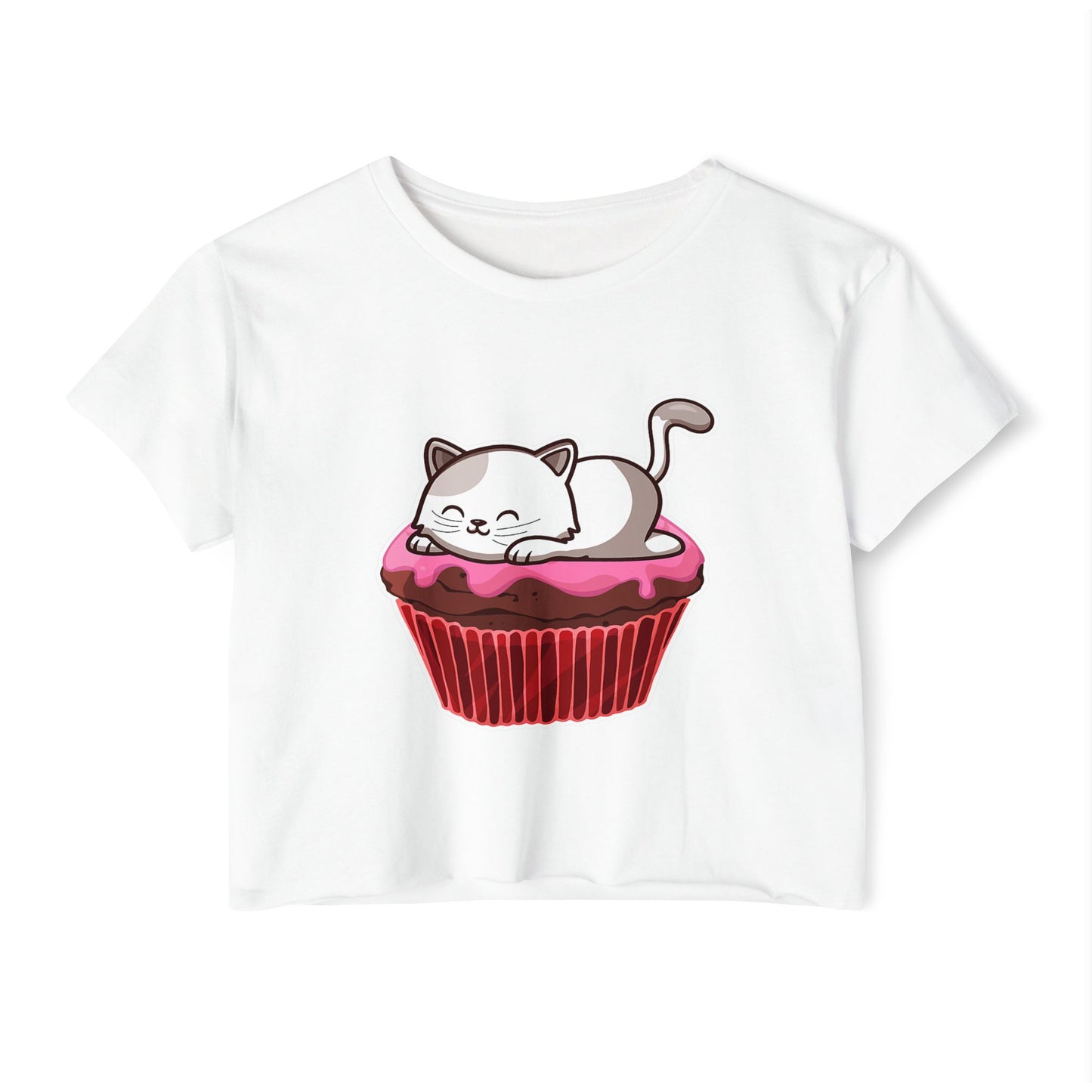 Cute Cat Cupcake Festival Crop Top, Women's Summer Shirt, Gift for Cat Lovers, Fun Party Outfit, Casual Wear