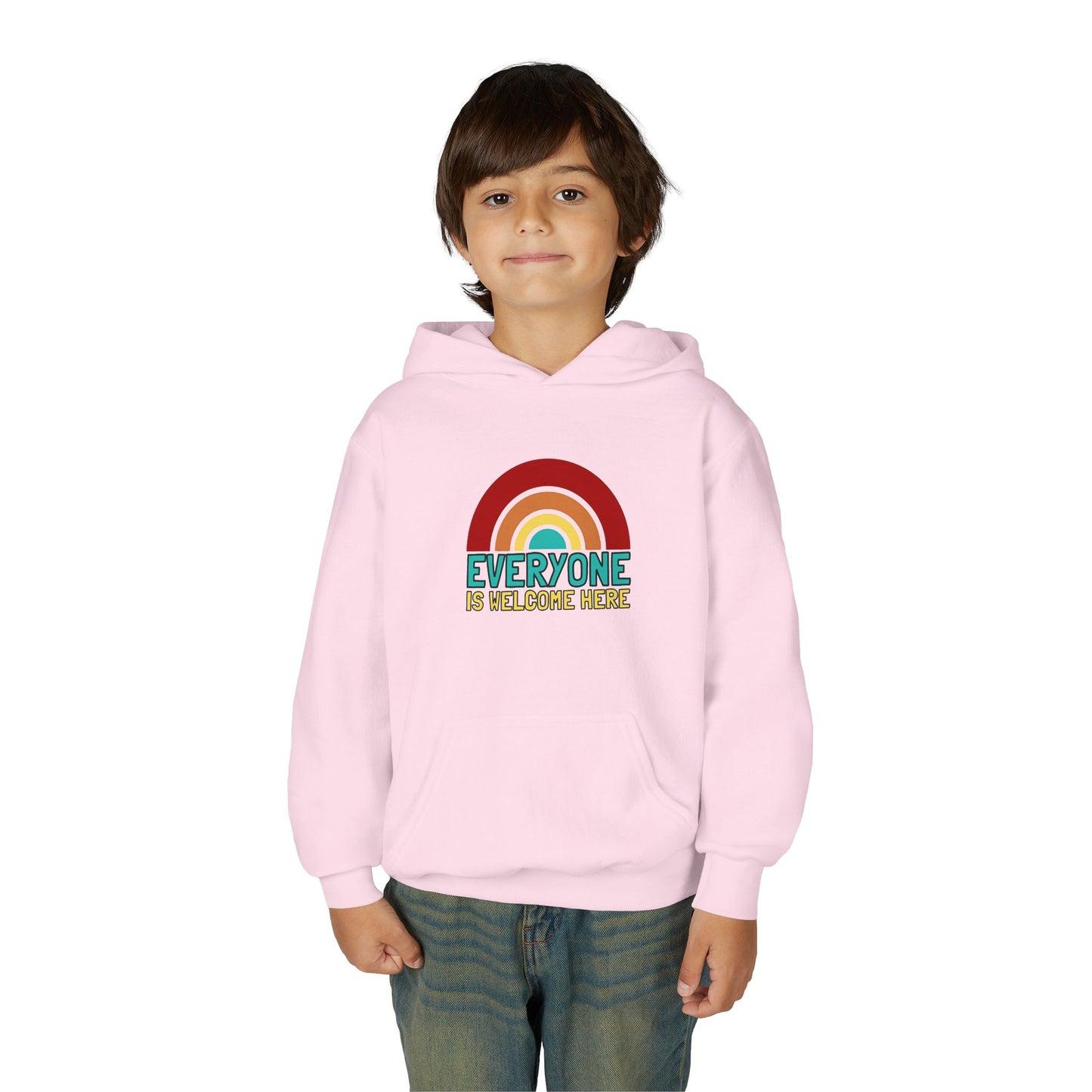 Youth Hooded Sweatshirt - Everyone is Welcome Here, Rainbow Sweatshirt, Cozy Pullover, Inclusive Gift, Kids Hoodie, LGBTQ+ Apparel