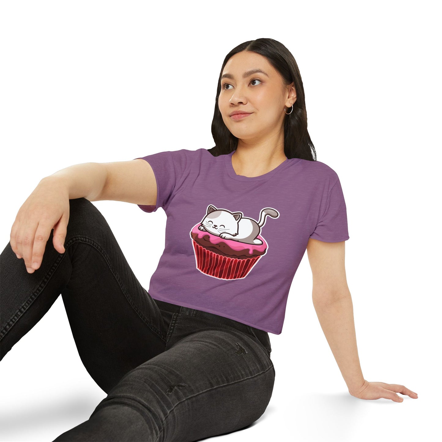 Cute Cat Cupcake Festival Crop Top, Women's Summer Shirt, Gift for Cat Lovers, Fun Party Outfit, Casual Wear