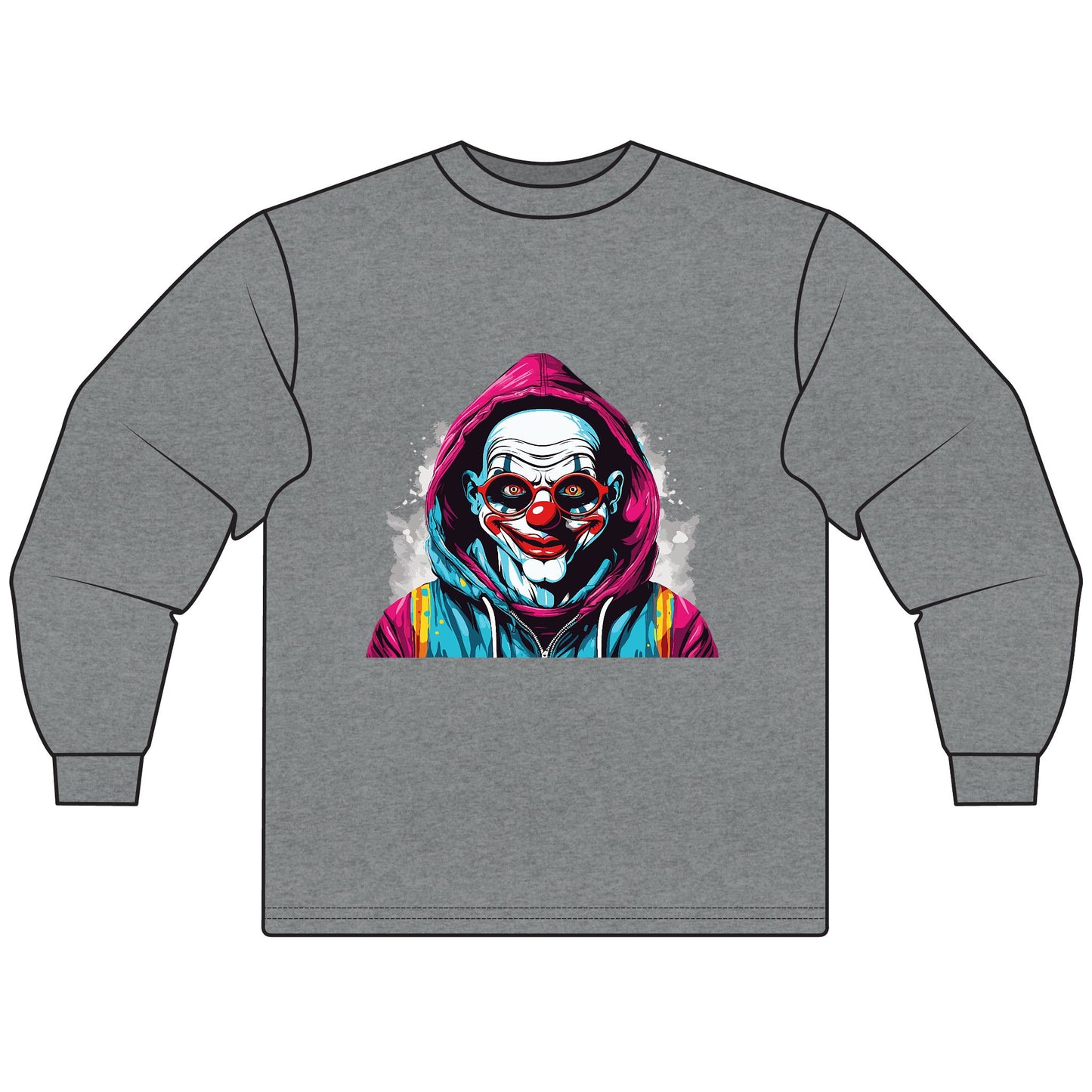 Unisex Graphic Long Sleeve T-Shirt, Creepy Clown Design, Halloween Apparel, Streetwear, Men’s and Women’s Fashion