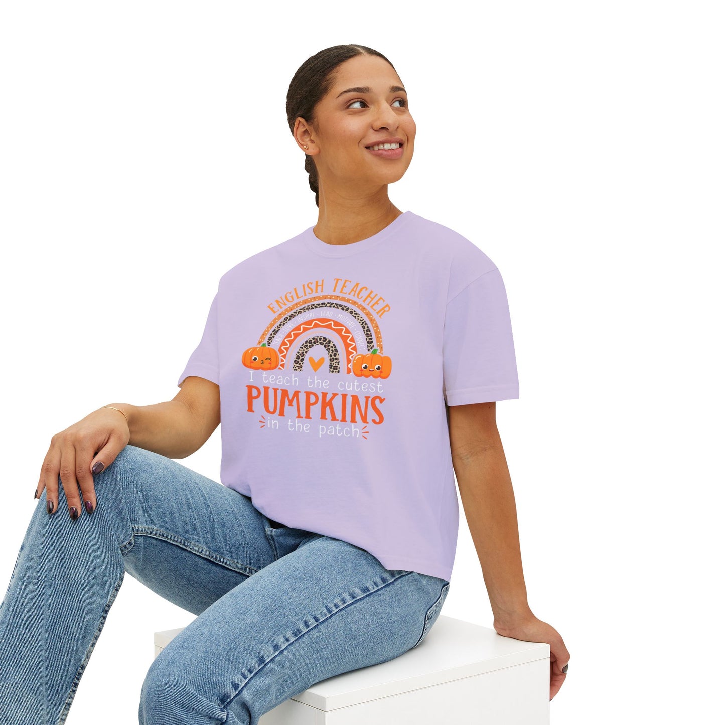 Fall Pumpkin English Teacher Boxy Tee, Cute Teacher Shirt, Autumn Apparel, Funny Teacher Gift, Halloween Shirt, Gift for Teachers