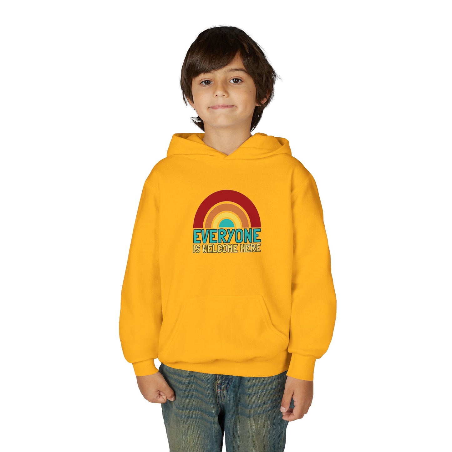 Youth Hooded Sweatshirt - Everyone is Welcome Here, Rainbow Sweatshirt, Cozy Pullover, Inclusive Gift, Kids Hoodie, LGBTQ+ Apparel