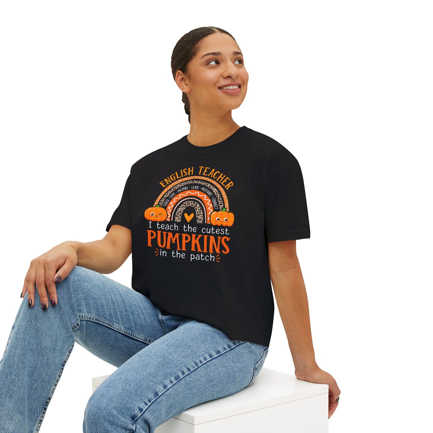 Fall Pumpkin English Teacher Boxy Tee, Cute Teacher Shirt, Autumn Apparel, Funny Teacher Gift, Halloween Shirt, Gift for Teachers