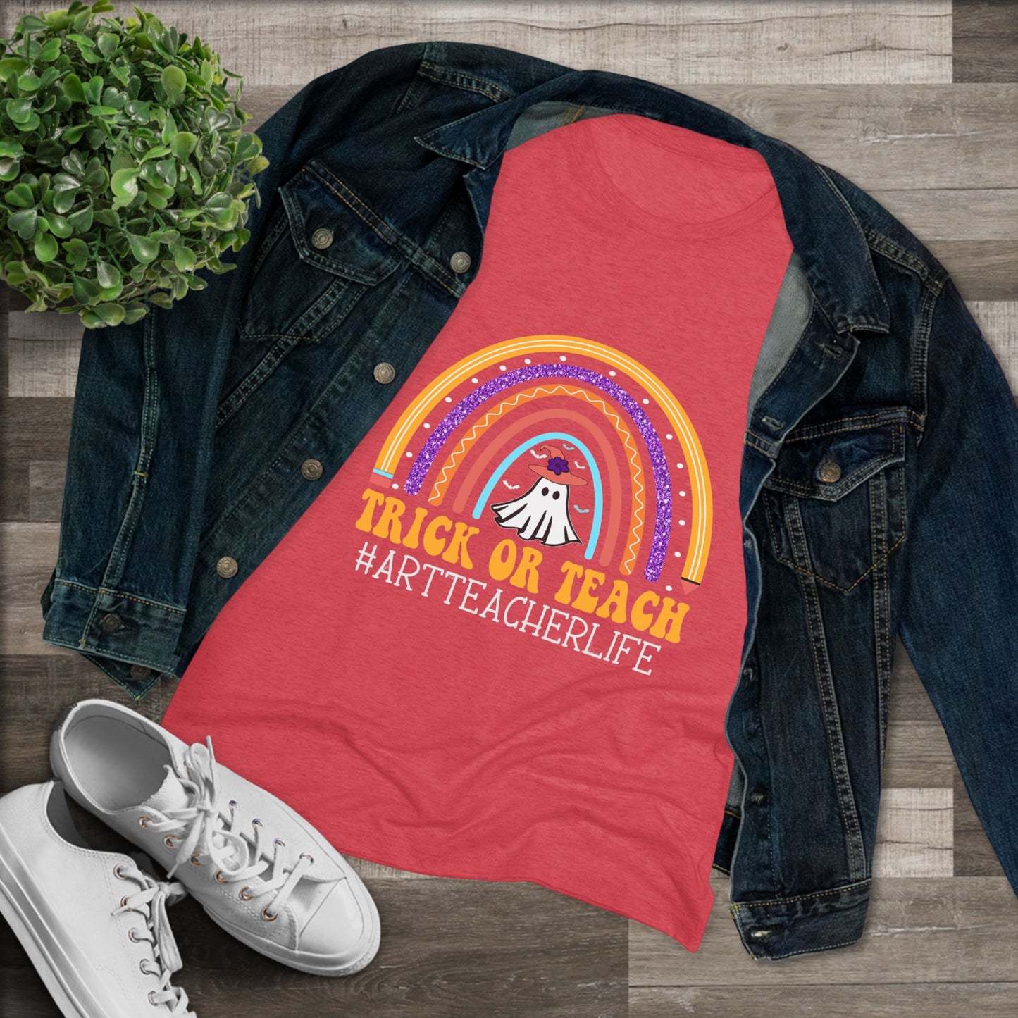 Trick or Teach Rainbow Tee for Women - Fun Halloween Shirt, Gift for Teachers, Fall Fashion, Cute T-Shirt, Casual Wear