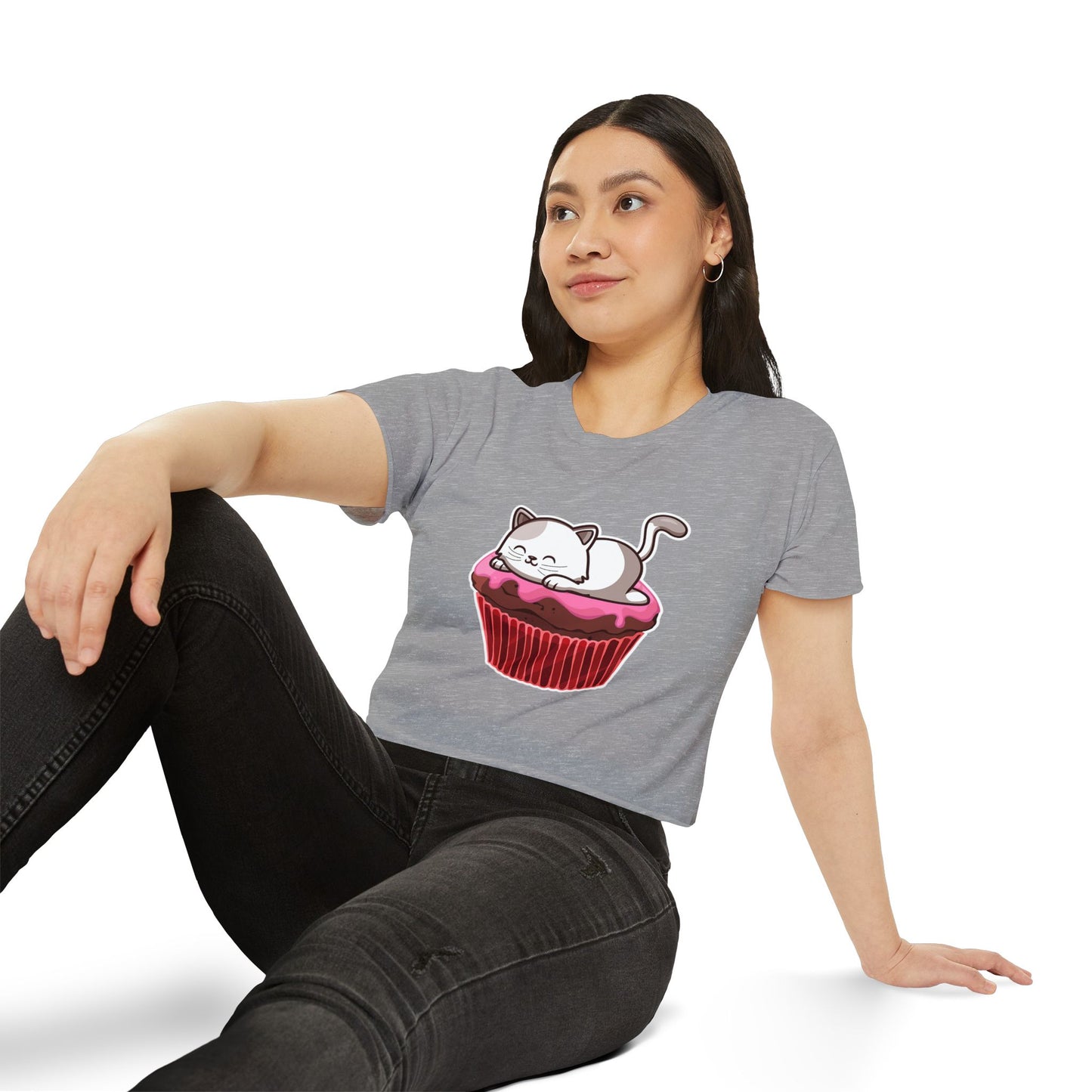 Cute Cat Cupcake Festival Crop Top, Women's Summer Shirt, Gift for Cat Lovers, Fun Party Outfit, Casual Wear