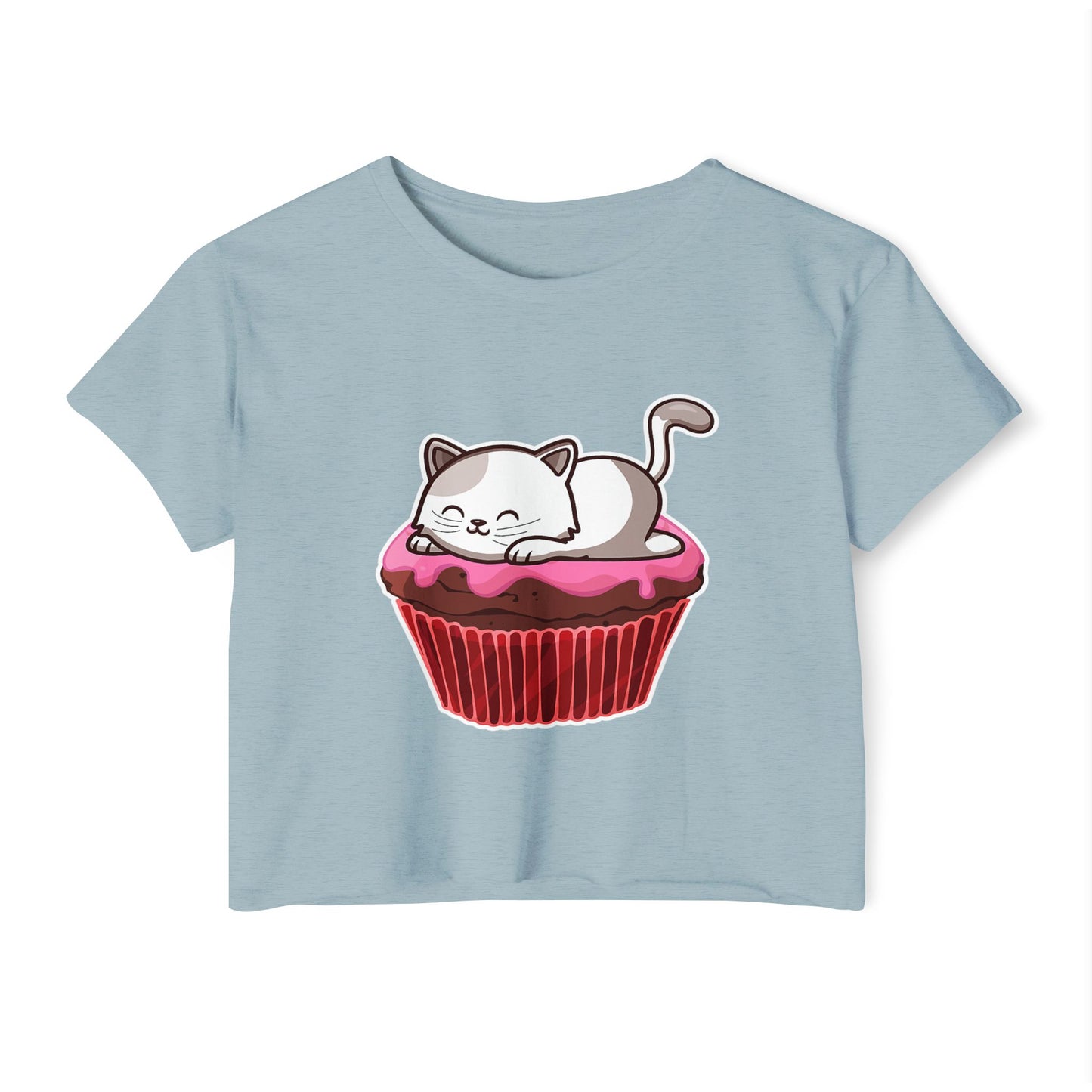 Cute Cat Cupcake Festival Crop Top, Women's Summer Shirt, Gift for Cat Lovers, Fun Party Outfit, Casual Wear