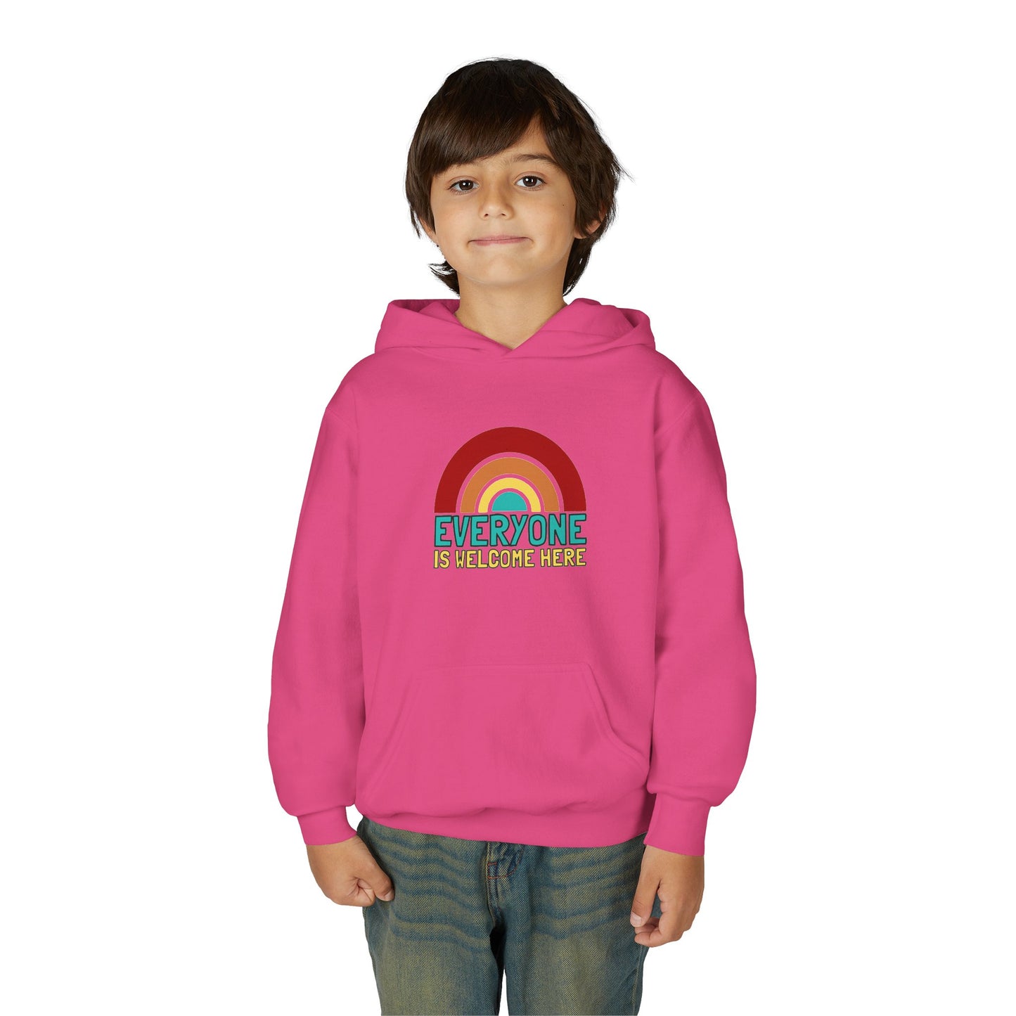 Youth Hooded Sweatshirt - Everyone is Welcome Here, Rainbow Sweatshirt, Cozy Pullover, Inclusive Gift, Kids Hoodie, LGBTQ+ Apparel