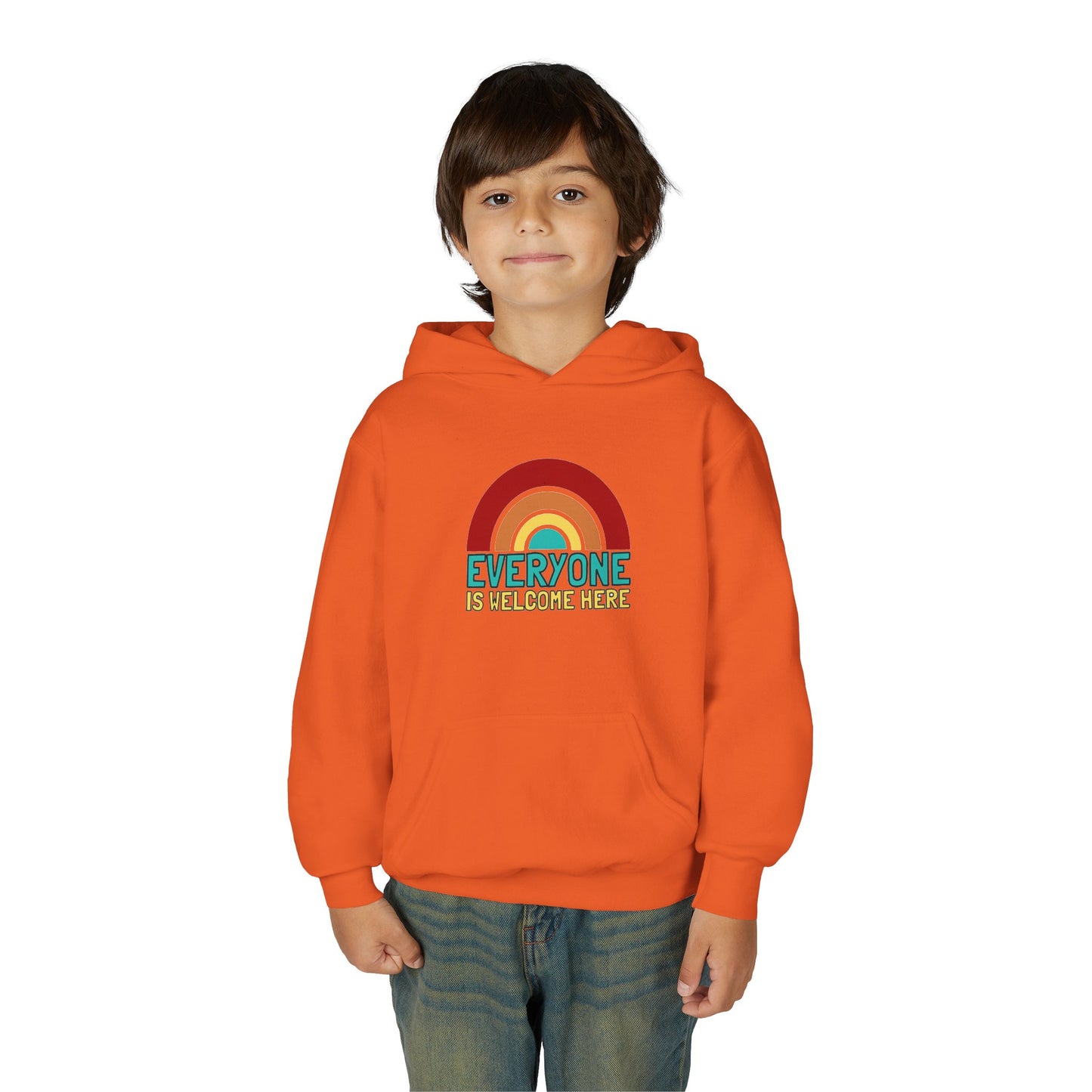 Youth Hooded Sweatshirt - Everyone is Welcome Here, Rainbow Sweatshirt, Cozy Pullover, Inclusive Gift, Kids Hoodie, LGBTQ+ Apparel