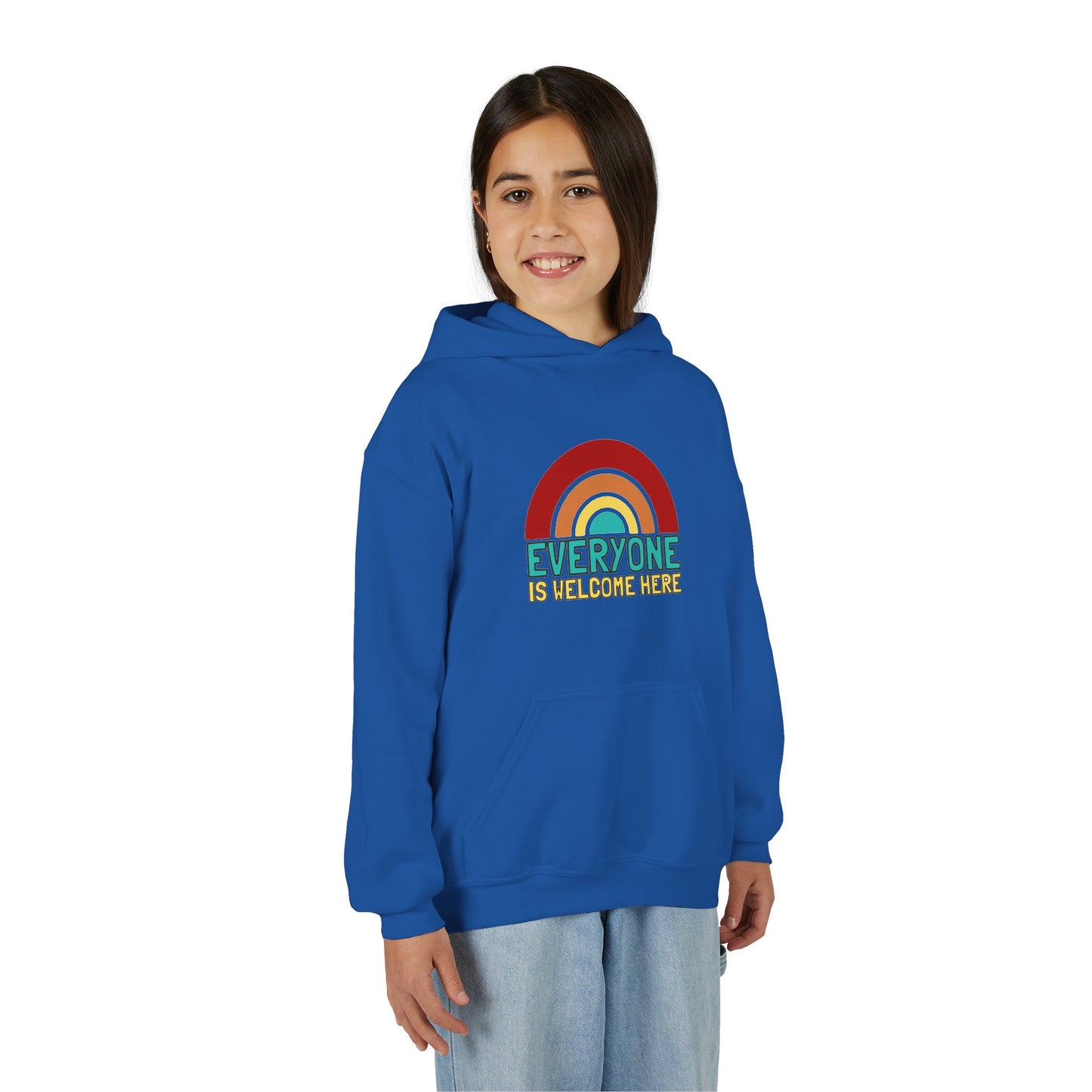 Youth Hooded Sweatshirt - Everyone is Welcome Here, Rainbow Sweatshirt, Cozy Pullover, Inclusive Gift, Kids Hoodie, LGBTQ+ Apparel