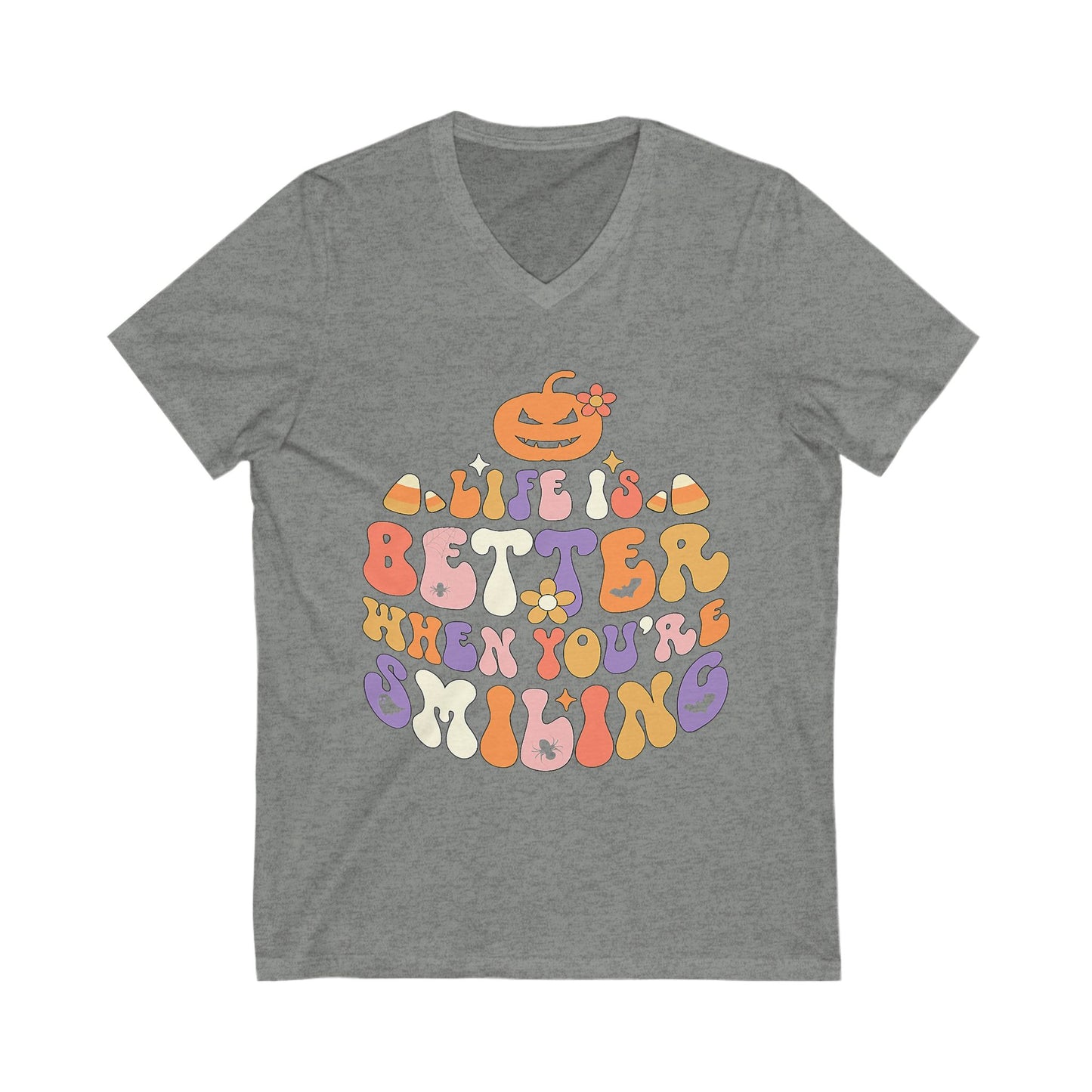 Halloween V-Neck Tee - Life is Better When You're Smiling, Unisex Shirt for Fall Celebrations, Casual Wear, Pumpkin Tee, Cozy Autumn Style