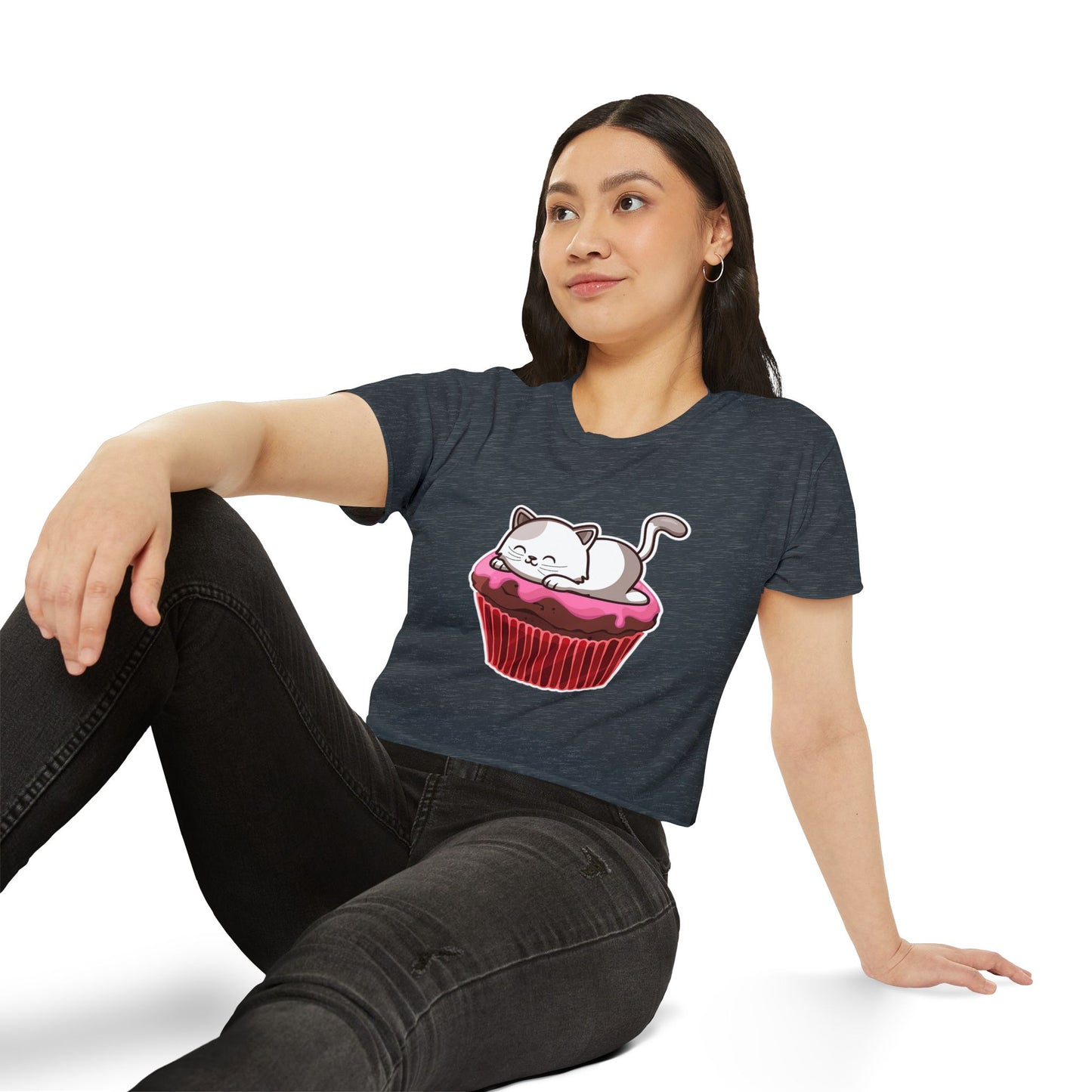 Cute Cat Cupcake Festival Crop Top, Women's Summer Shirt, Gift for Cat Lovers, Fun Party Outfit, Casual Wear