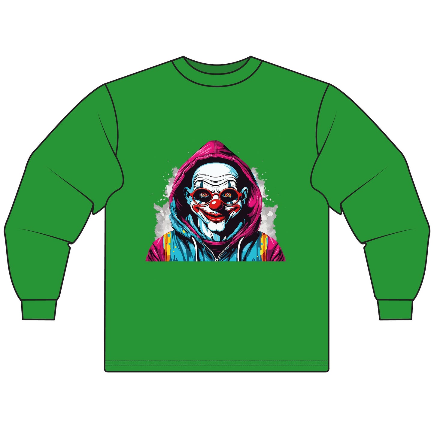 Unisex Graphic Long Sleeve T-Shirt, Creepy Clown Design, Halloween Apparel, Streetwear, Men’s and Women’s Fashion