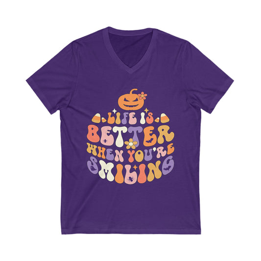 Halloween V-Neck Tee - Life is Better When You're Smiling, Unisex Shirt for Fall Celebrations, Casual Wear, Pumpkin Tee, Cozy Autumn Style