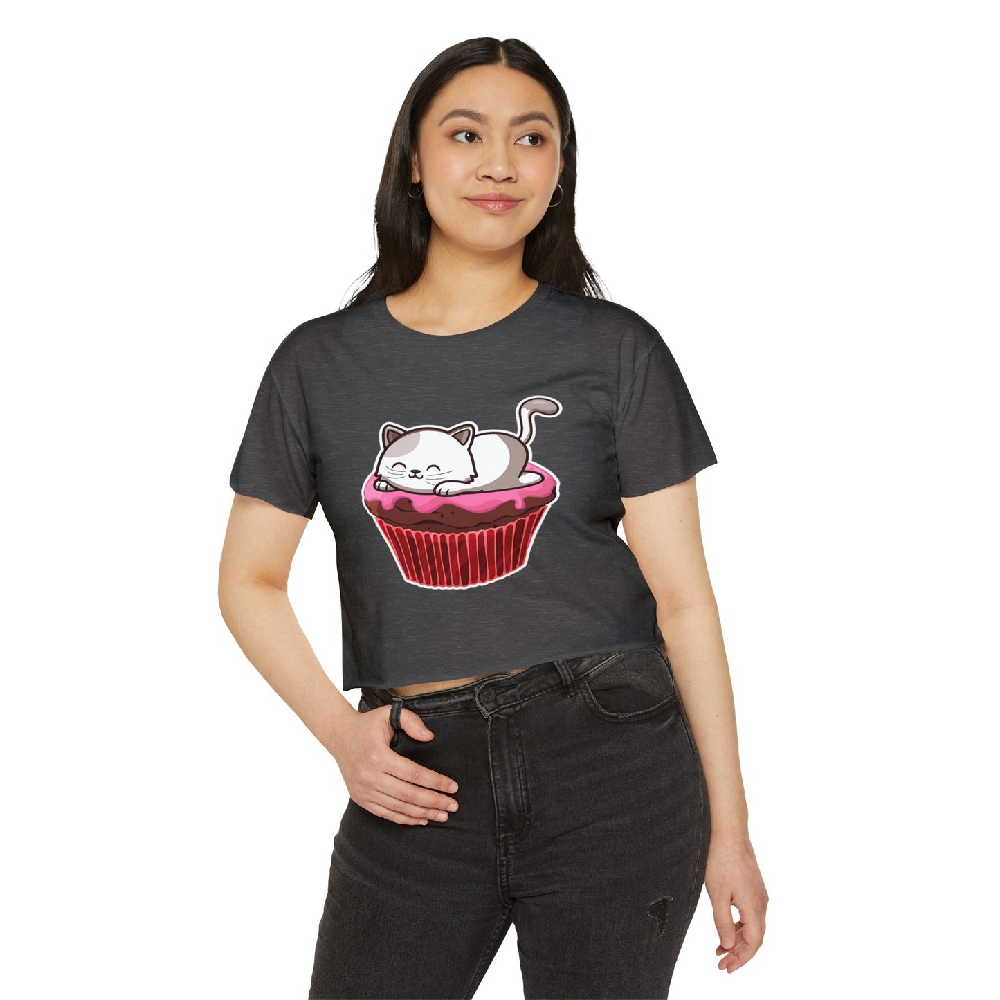 Cute Cat Cupcake Festival Crop Top, Women's Summer Shirt, Gift for Cat Lovers, Fun Party Outfit, Casual Wear