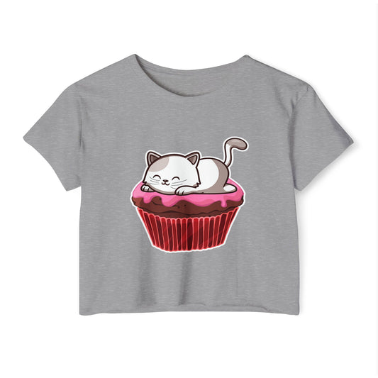 Cute Cat Cupcake Festival Crop Top, Women's Summer Shirt, Gift for Cat Lovers, Fun Party Outfit, Casual Wear
