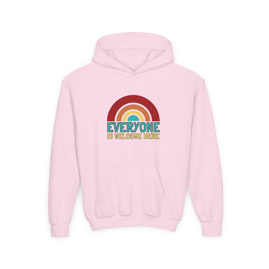 Youth Hooded Sweatshirt - Everyone is Welcome Here, Rainbow Sweatshirt, Cozy Pullover, Inclusive Gift, Kids Hoodie, LGBTQ+ Apparel