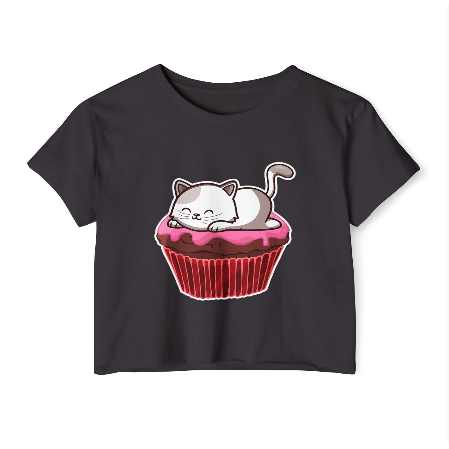 Cute Cat Cupcake Festival Crop Top, Women's Summer Shirt, Gift for Cat Lovers, Fun Party Outfit, Casual Wear
