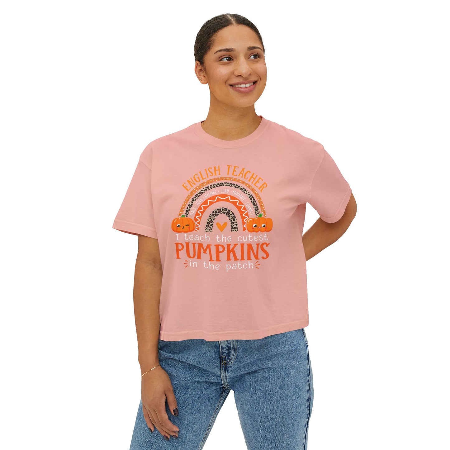 Fall Pumpkin English Teacher Boxy Tee, Cute Teacher Shirt, Autumn Apparel, Funny Teacher Gift, Halloween Shirt, Gift for Teachers
