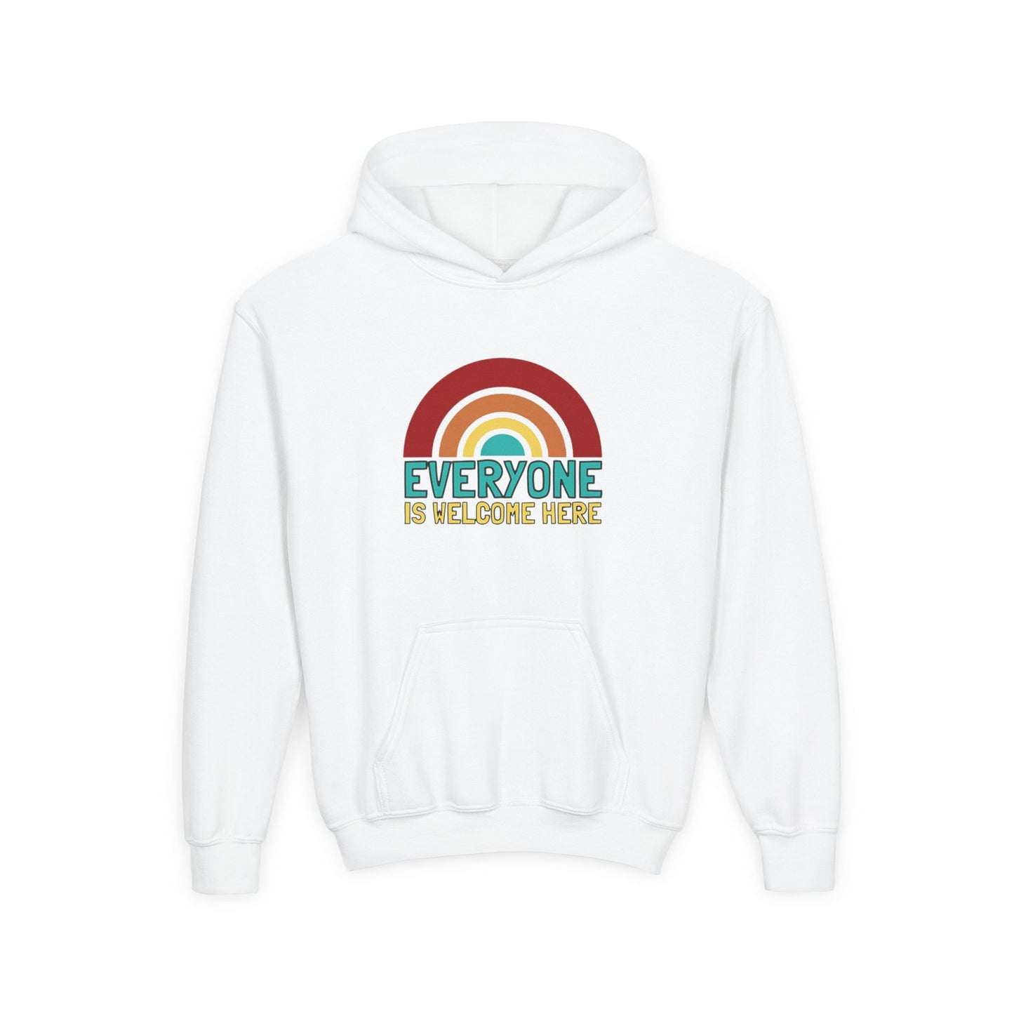 Youth Hooded Sweatshirt - Everyone is Welcome Here, Rainbow Sweatshirt, Cozy Pullover, Inclusive Gift, Kids Hoodie, LGBTQ+ Apparel
