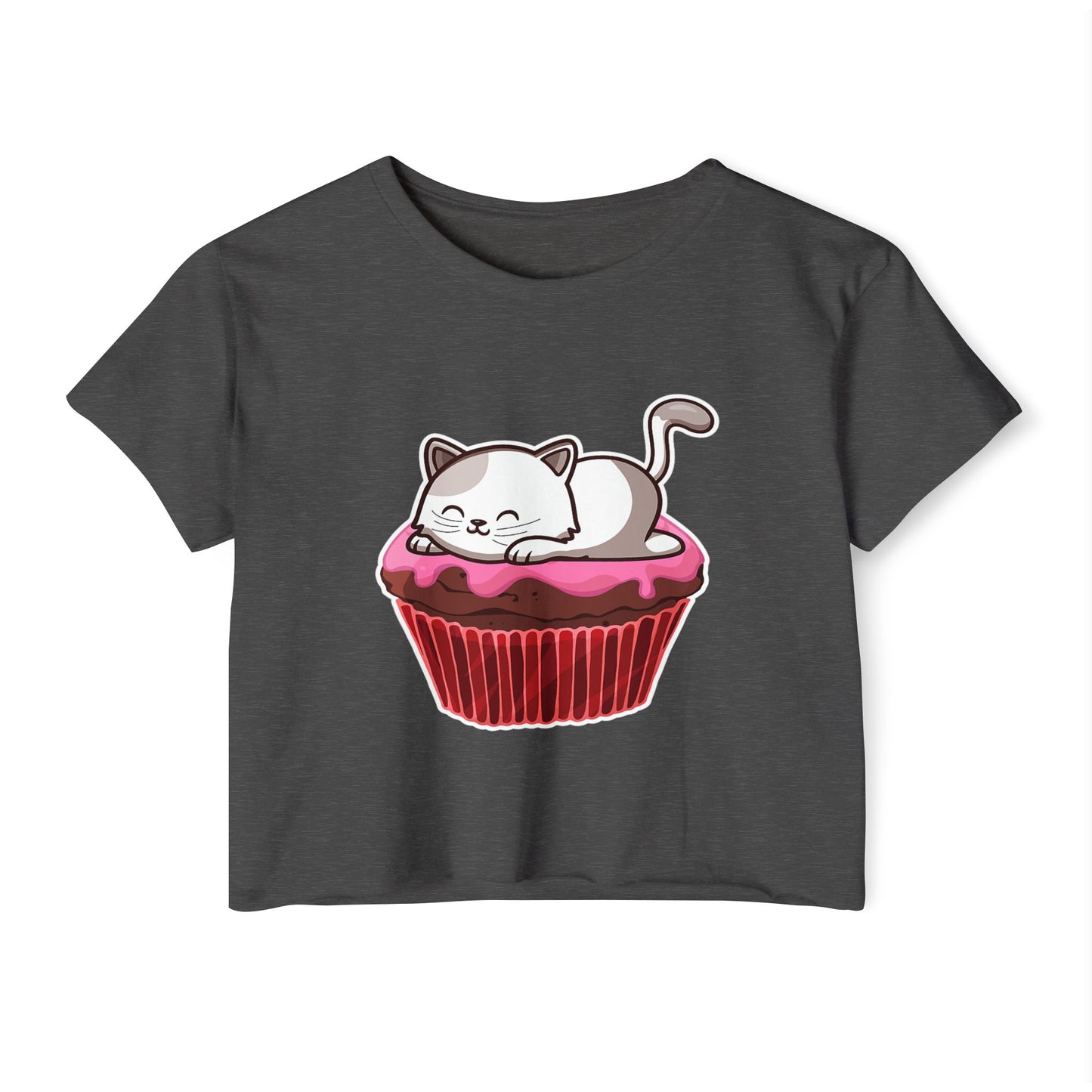 Cute Cat Cupcake Festival Crop Top, Women's Summer Shirt, Gift for Cat Lovers, Fun Party Outfit, Casual Wear